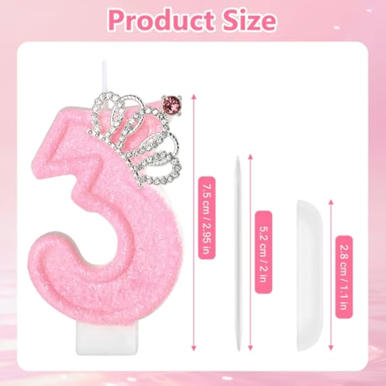 Pink Birthday Candle Crown Number 3 Candles Cake Candle,Pink Birthday Cake Topper Cupcake Decorations Party Decor For Girls And Women Anniversary Celebrations Supplies Favors