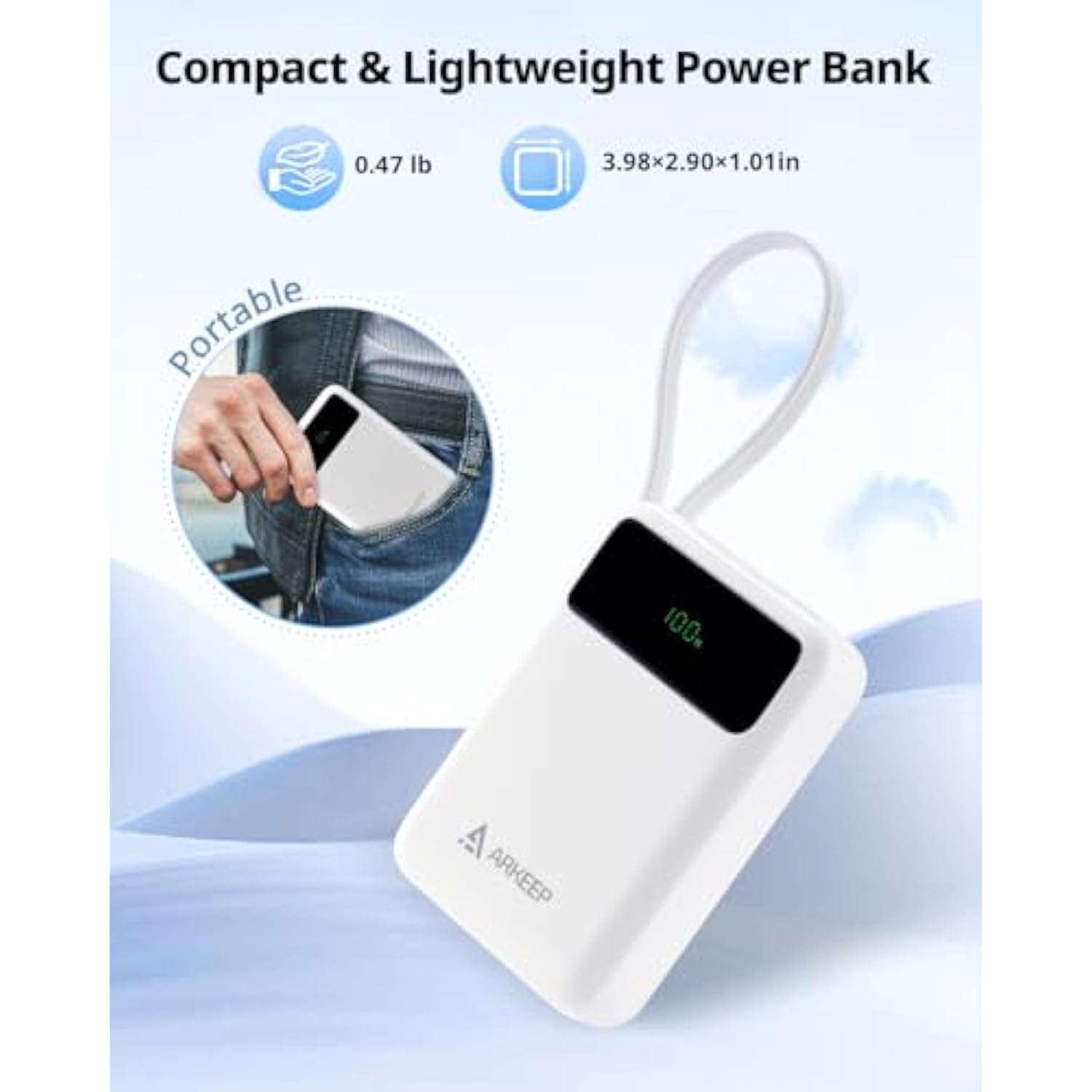 Portable Charger 10000Mah, Power Bank With 22.5W Pd Fast Charging Built-In Type-C Cable,Usb-C & Usb-A Outputs, Compact Portable Phone Charger Compatible With Iphone 15/14, Samsung Galaxy, Ipad