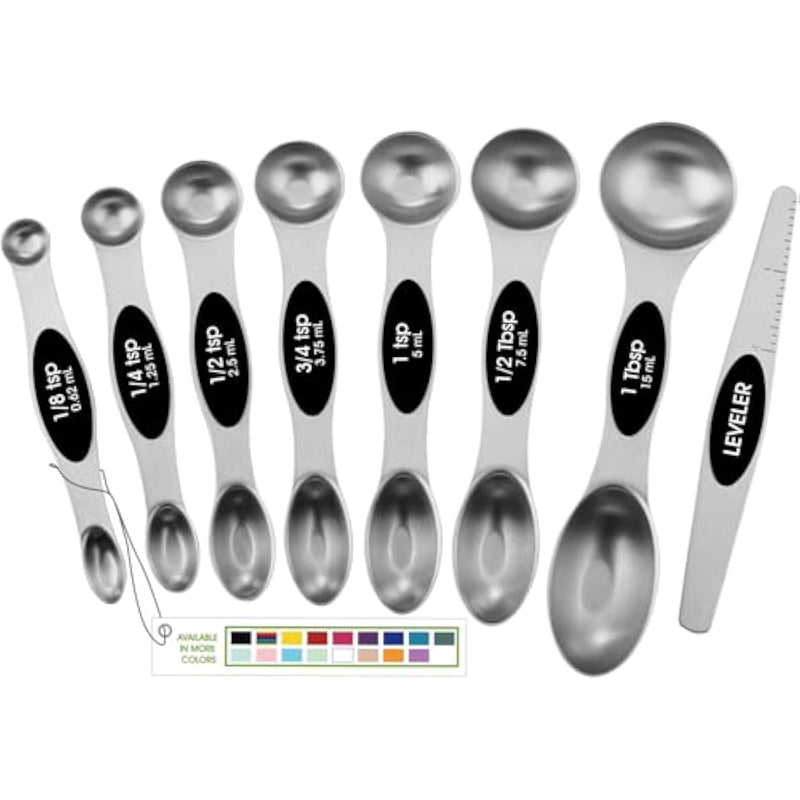 Stainless Steel Magnetic Measuring Spoons Set With Strong N45 Magnets, Heavy Duty Metal Kitchen Gadgets For Baking & Cooking, Fits In Most Kitchen Spice Jars, Set Of 8 With Leveler, Black