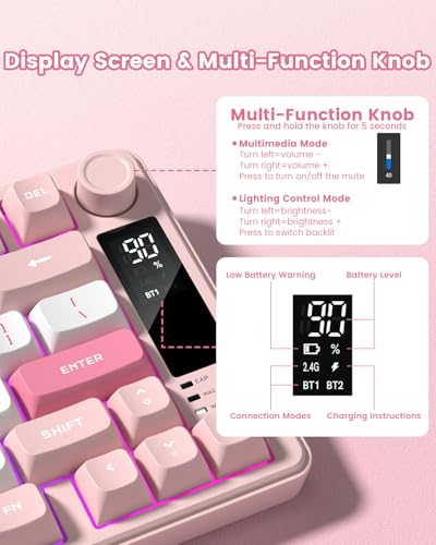 Womier Dk75 75% Wireless Gaming Keyboard, Rgb Backlit Creamy Keyboard With Multifunction Knob & Screen, Tri-Mode 2.4Ghz/Usb-C/Bt5.0, Anti-Ghosting No-Conflict Silent Membrane Keyboard For Mac Windows