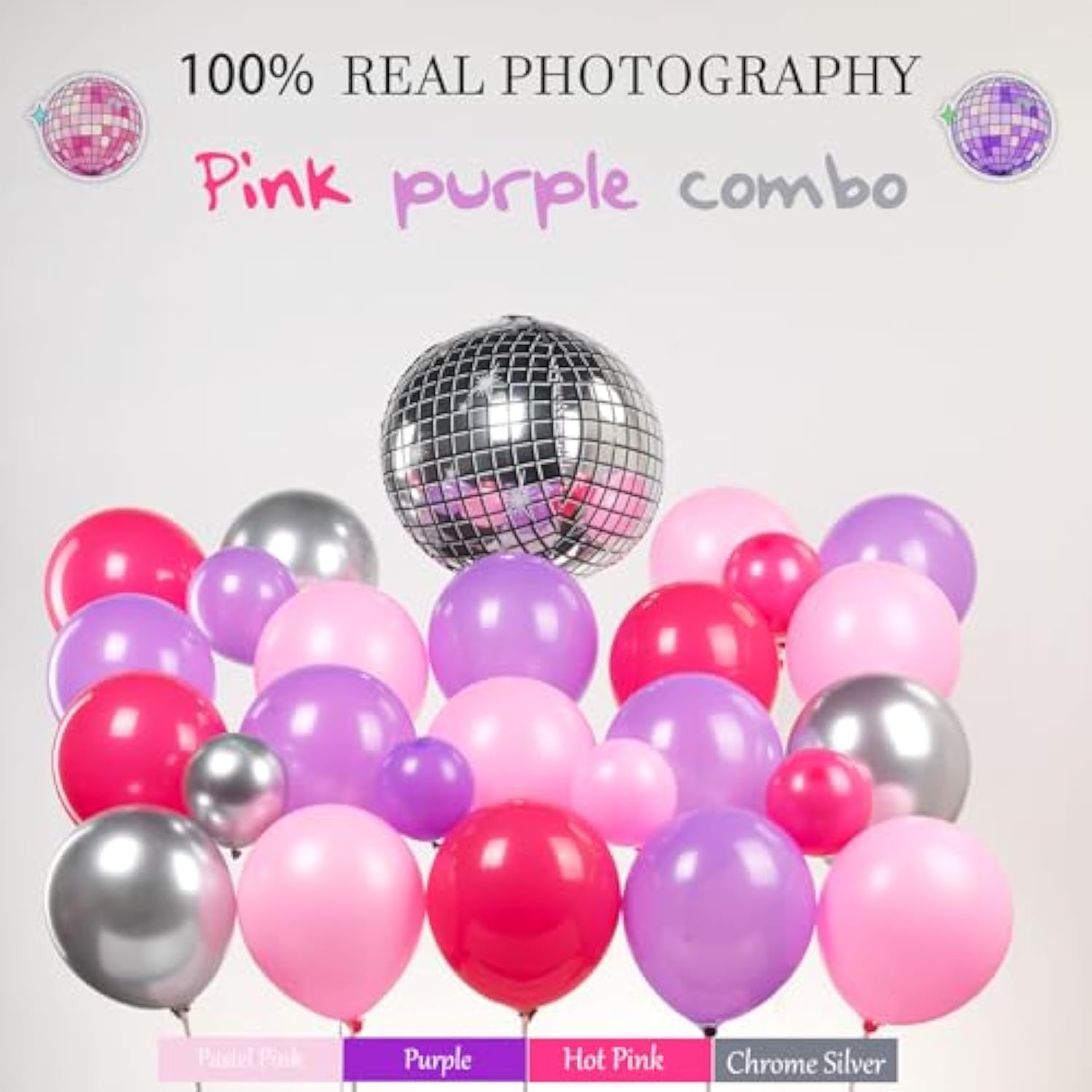 Pink And Purple Silver Balloon Garland Arch Kit 150Pcs Star Disco Ball Mylar Balloon For Girl Sweet16 Princess Birthday Music Fans Birthday 2025 Grad Concert Prom Mother'S Day Decorations
