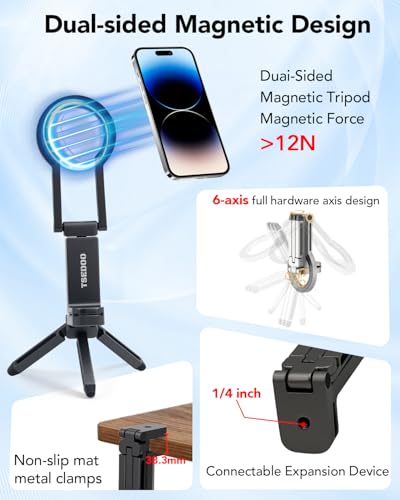Magnetic Tripod for iPhone - Foldable Mini Pocket Phone Stand, Portable Selfie Stick Handle Grip with 360°, Airplane Travel Essentials, Phone Holders