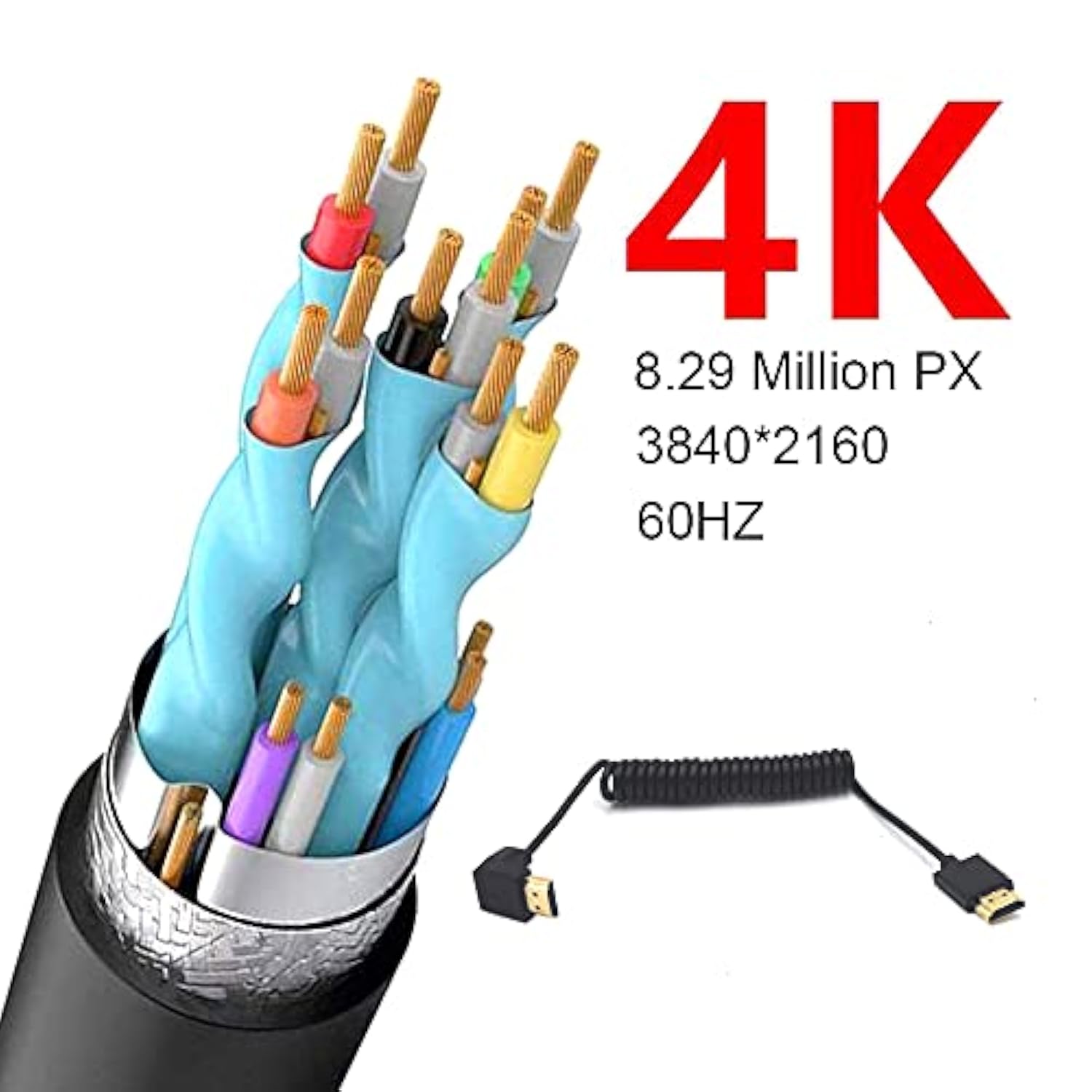 3.9Ft Hdmi 4K Coiled Cable, Hdmi 2.0 Version Hd High Speed Cable, 90 Degree Do