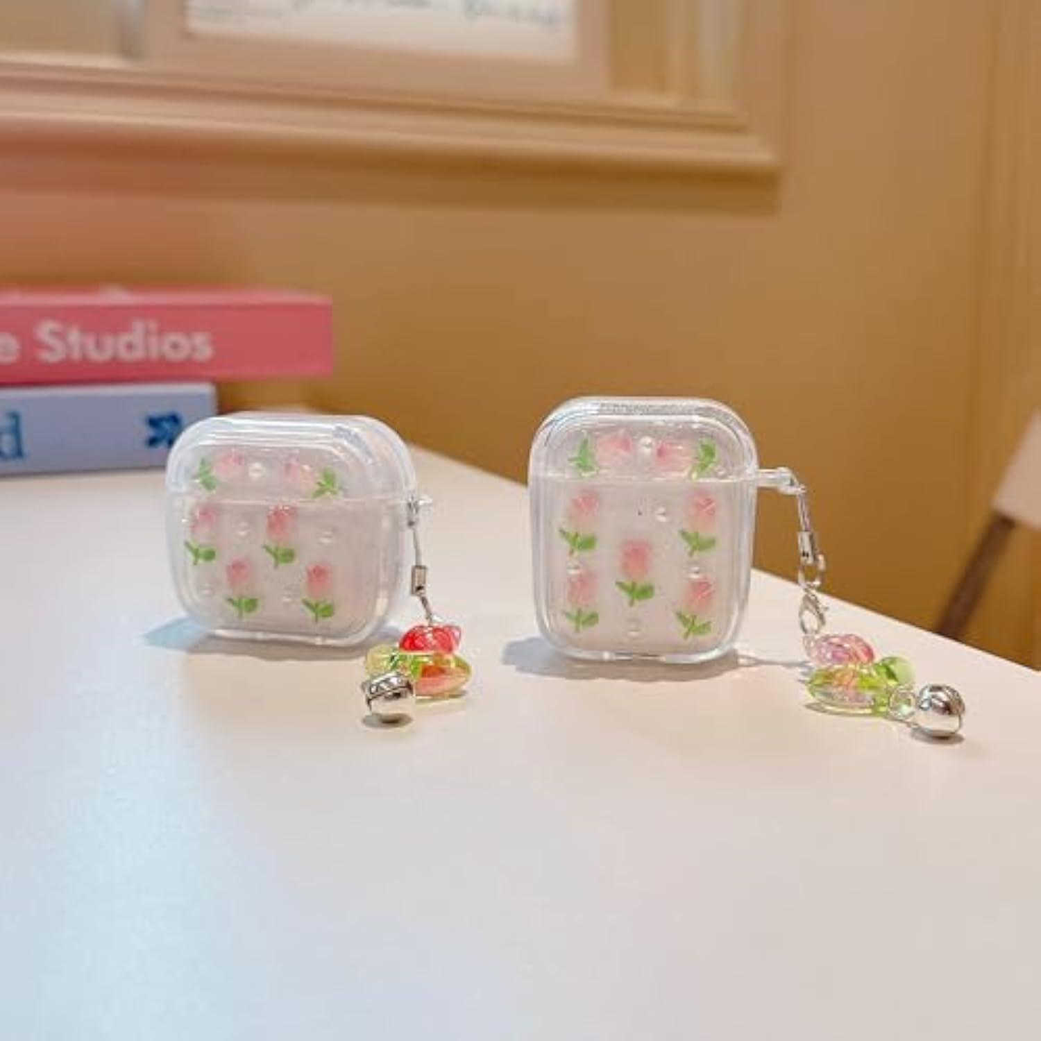 3D Tulip For Airpods Pro/Airpods Pro 2 Case With Keychain, Clear Glitter Pink Floral Design, Shockproof Protective Cover For Women Girls With Flower Charm Strap