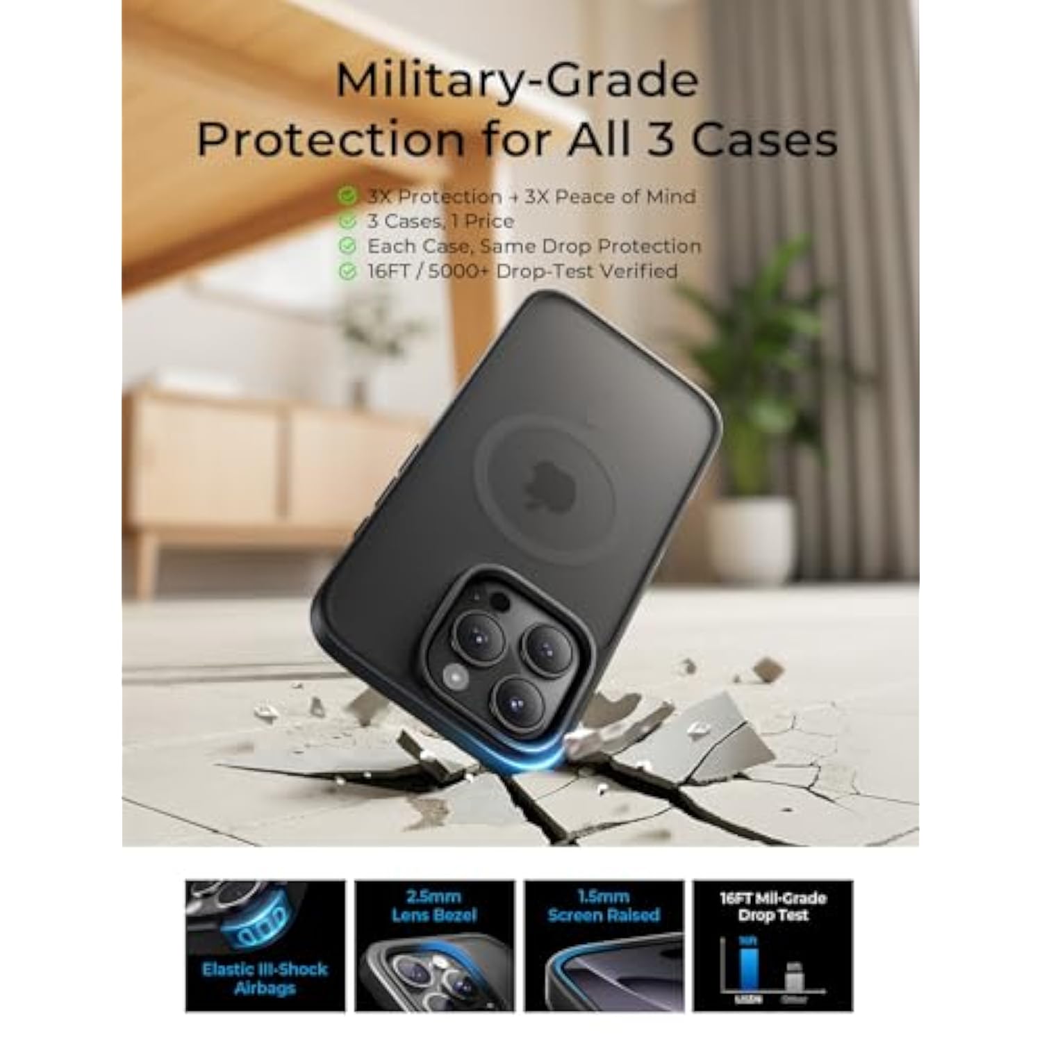 3-Pack Magnetic Shockproof For Iphone 16 Pro Case Slim [Fit For Magsafe][Military Grade Drop Protection] Translucent Matte Phone Case For I Phone 16 Pro, Black, Brown, Blue