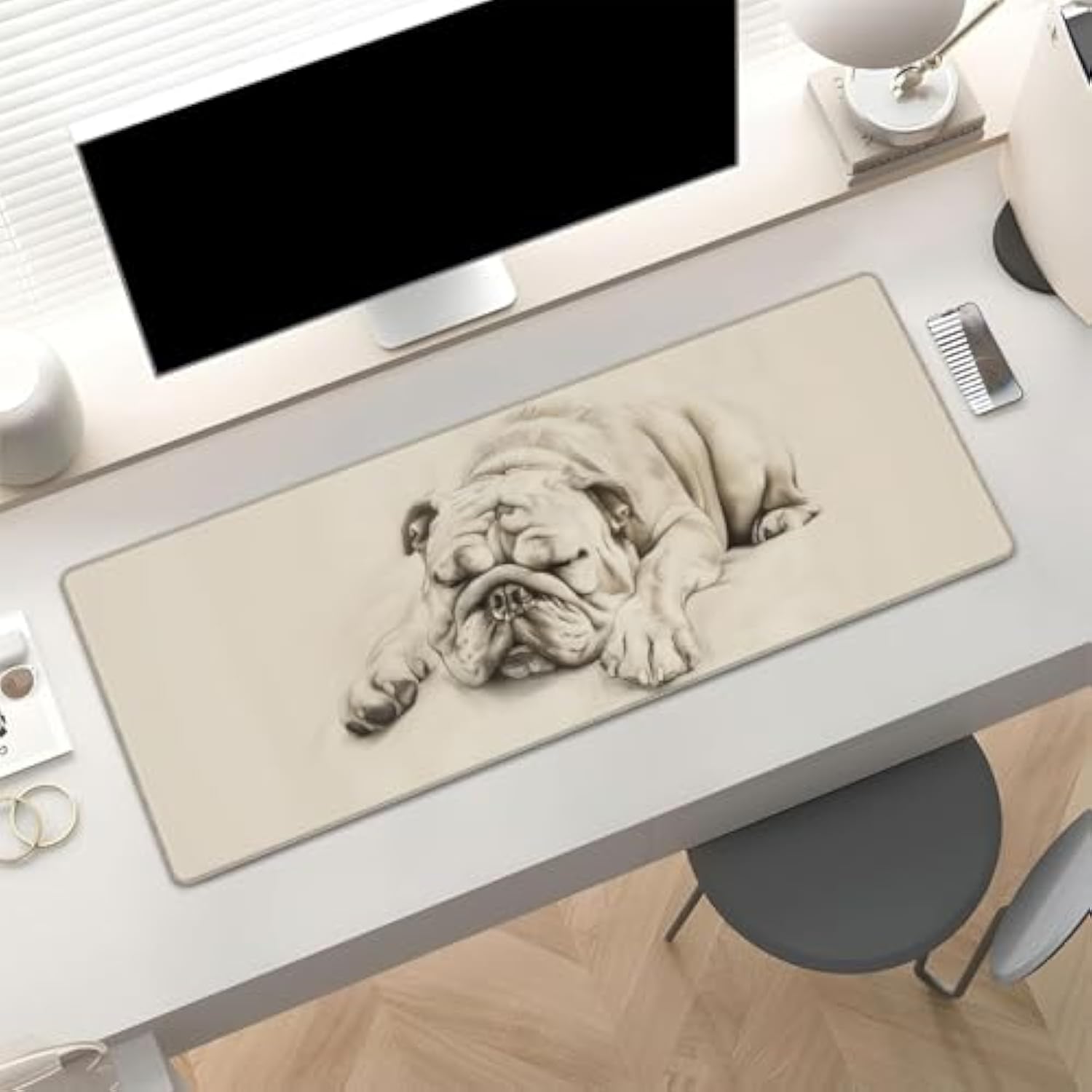 Sleeping Bulldog Gaming Mouse Pad, Cut Puppy Large Desk Mat For Computer, Extended Keyboard Laptop Mouse Pads 31.5×11.8In, Non Slip Rubber Adorable Dog Mousepad For Office Decor Gifts