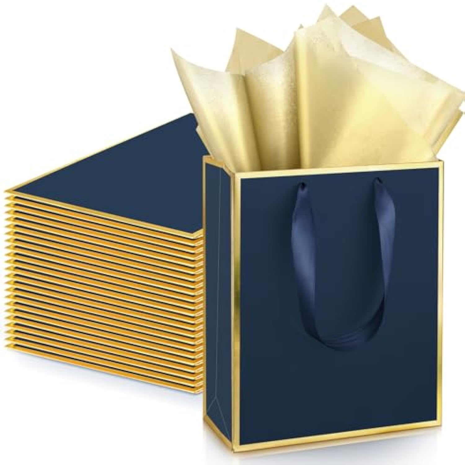 24 Pack Metallic Paper Gift Bags With Handle And Tissue 9X7X3.1 Welcome Gift Thank You Bags For Wedding Father'S Day Bridal Shower Groomsmen Birthday Party(Navy Blue, Gold)