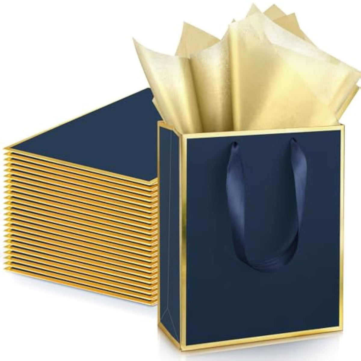 24 Pack Metallic Paper Gift Bags With Handle And Tissue 9X7X3.1 Welcome Gift Thank You Bags For Wedding Father'S Day Bridal Shower Groomsmen Birthday Party(Navy Blue, Gold)