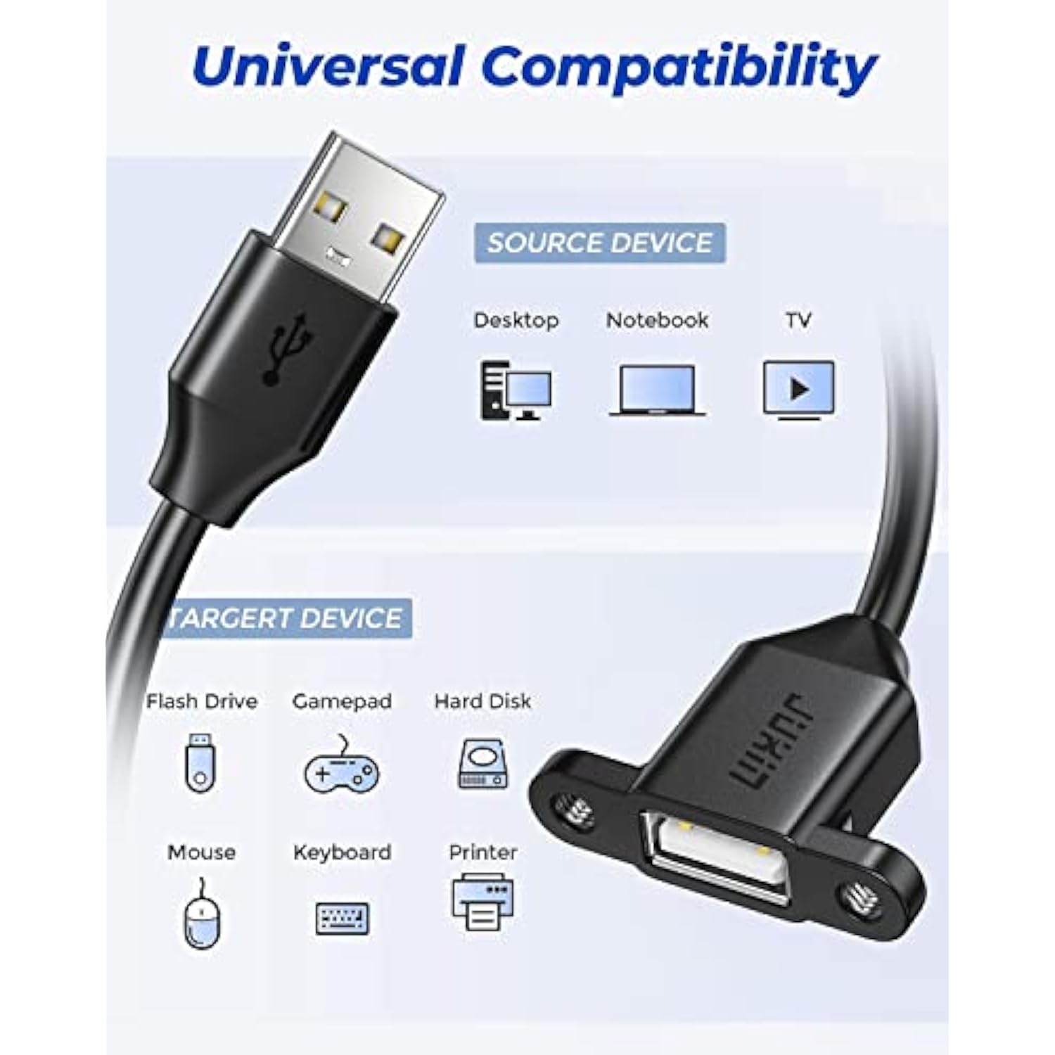 2Pack Usb2.0 Male To Female Extension Cable With Ears Can Be Fixed Various Cha