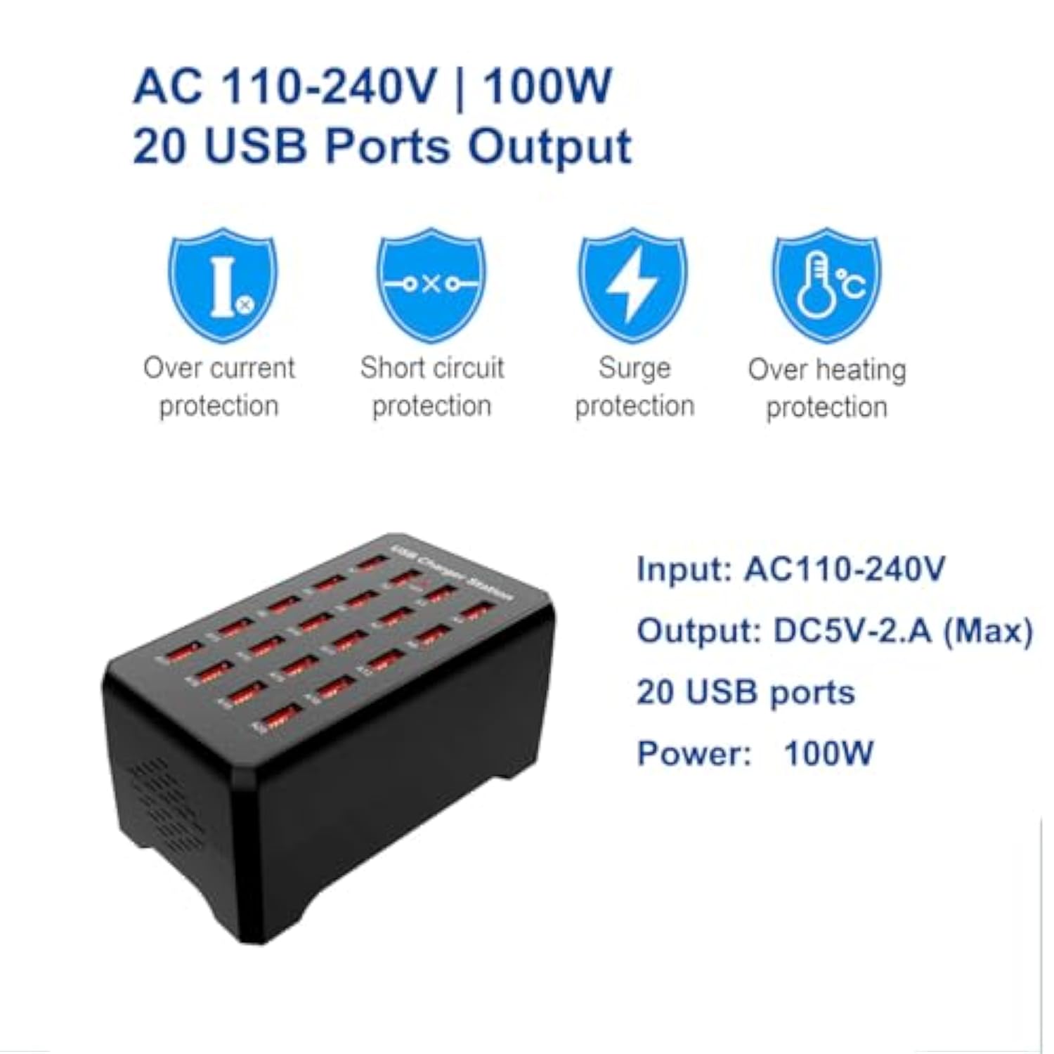 20-Port Usb Charger Station, 100W/20A, Compatible With Smartphones, Tablets, And Other Usb Devices