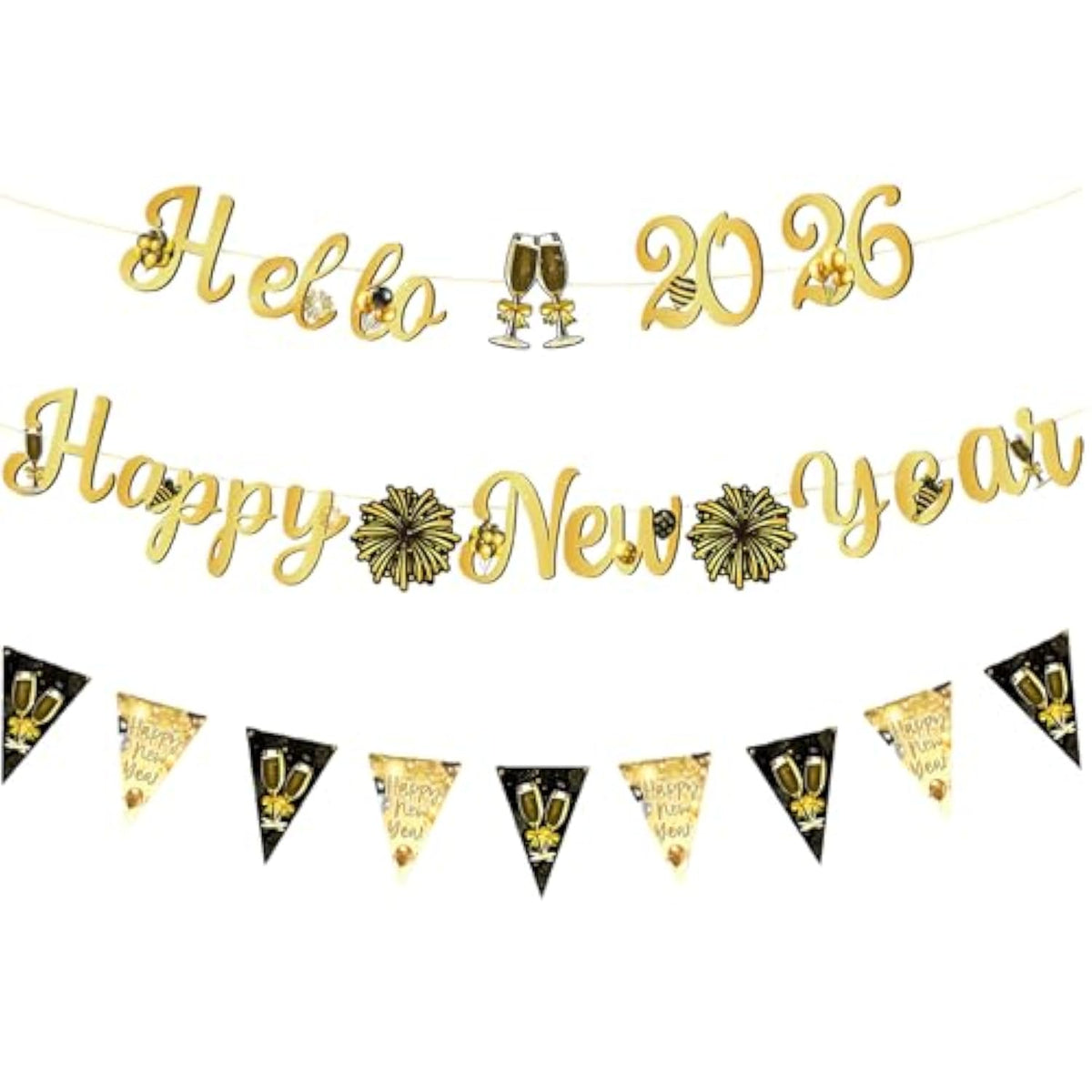 3 Pc Happy New Year Black Gold Banner with Pom Flags Swirls and Garland