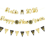 3 Pc Happy New Year Black Gold Banner with Pom Flags Swirls and Garland
