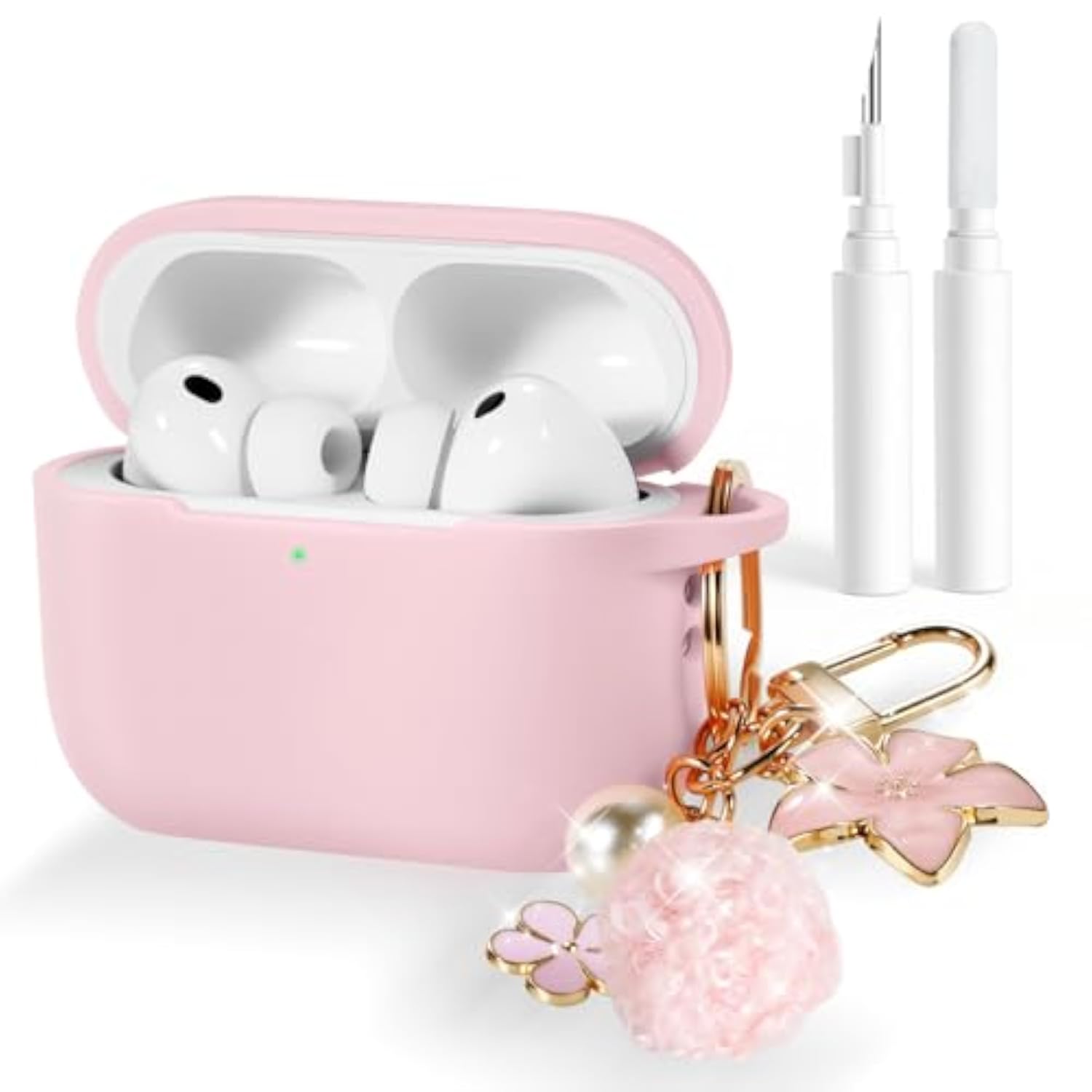 AirPods Pro 3 Case Cover for Women Girls 2025 with Cleaning Kit and Cute Bling Keychain, Soft Silicone Protective Case Compatible with Apple AirPods Pro 3rd Generation Accessories, Pink