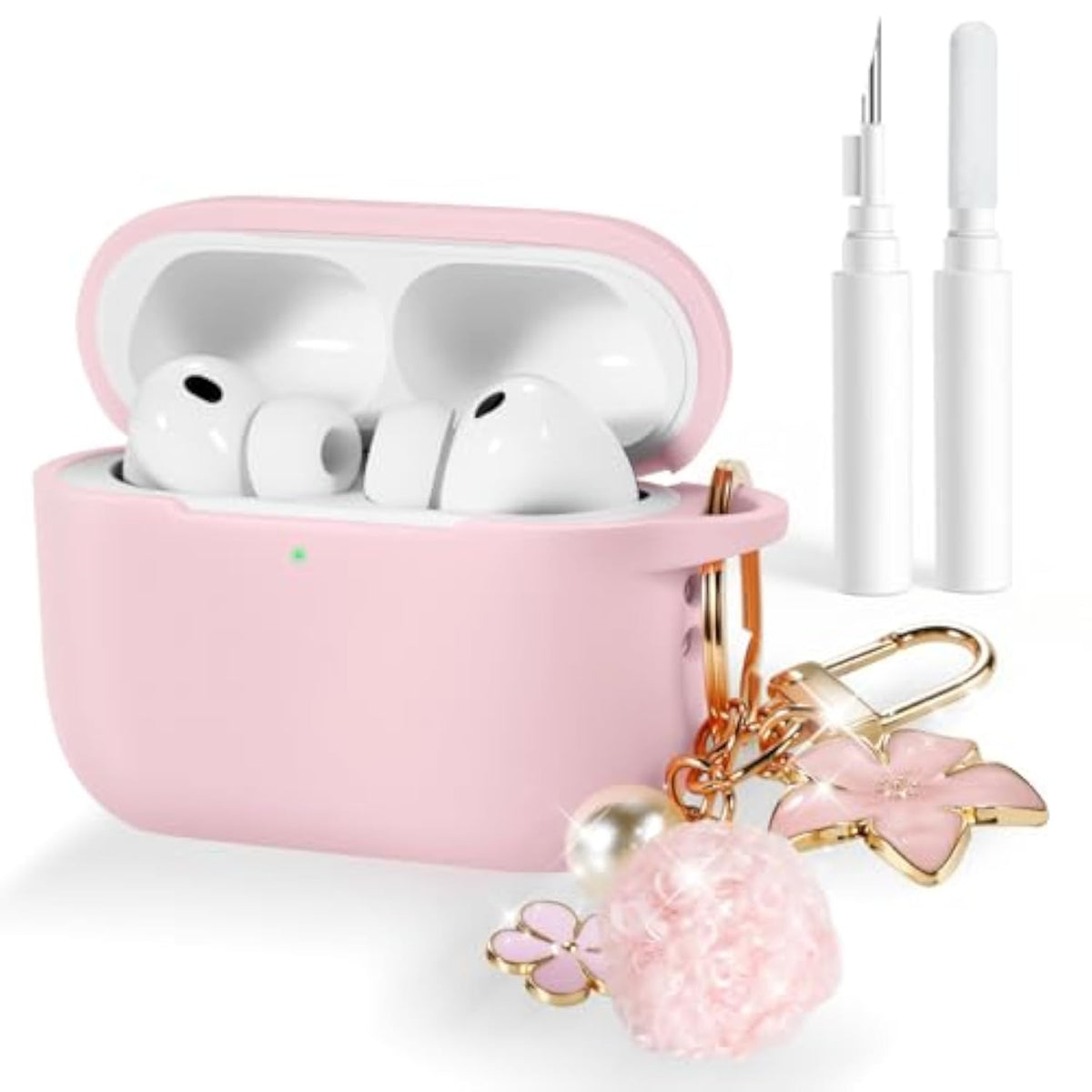 AirPods Pro 3 Case Cover for Women Girls 2025 with Cleaning Kit and Cute Bling Keychain, Soft Silicone Protective Case Compatible with Apple AirPods Pro 3rd Generation Accessories, Pink