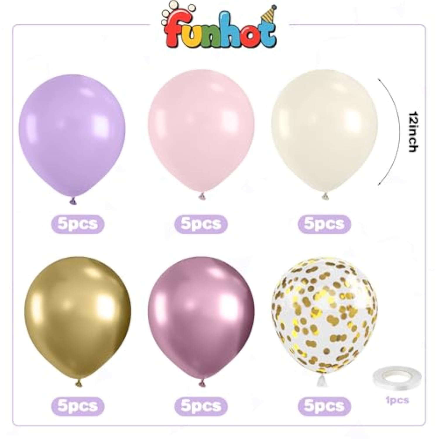 Pink And Purple Balloons,12 Inch Metallic Pink Light Purple White And Gold Baloons With Confetti Balloon For Girls Birthday Baby Shower Wedding Bridal Shower Party Decorations