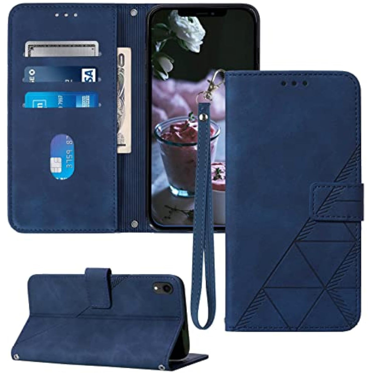 Compatible For Iphone Xr Wallet Case,[Kickstand][Wrist Strap][Card Holder Slots] Tpu Interior Protective Pu Leather Folio Flip Cover For Iphone Xr Case Wallet (Blue)