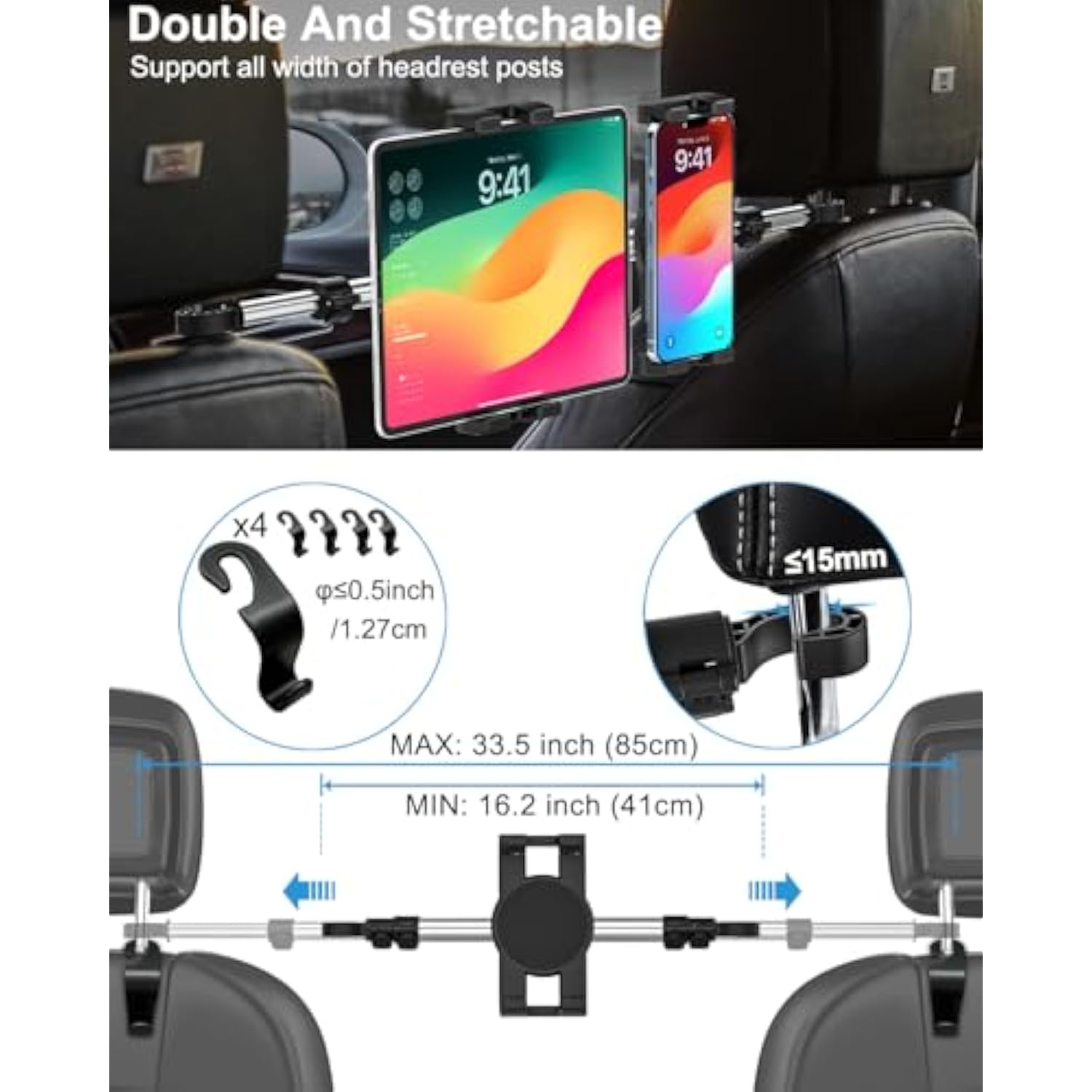 Car Headrest Tablet Holder Mount - [Anti Shake & Stretchable] Tablet Holder Back Seat For Car Between Kids Stand, For Ipad Pro 12.9 Air Mini, Galaxy Tab, Kindle Fire, Switch And 4.7-13" Devices