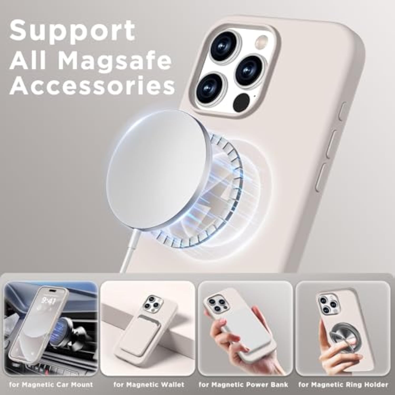 Magnetic For Iphone 16 Pro Max Case, Compatible With Magsafe, Suction Cup Phone Mount, [2 Screen Protectors][Camera Protector] Silicone Shockproof Protective Phone Cover 6.9", Stone