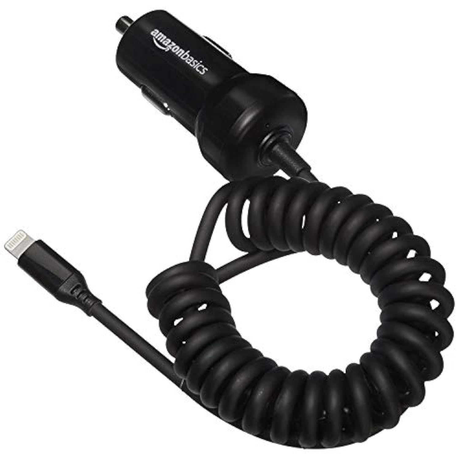 12W (5V, 2.4A) Fast Charging Car Charger With Coiled Lightning Cable For Iphone, Ipad And Apple Devices, 1.5 Ft - Black