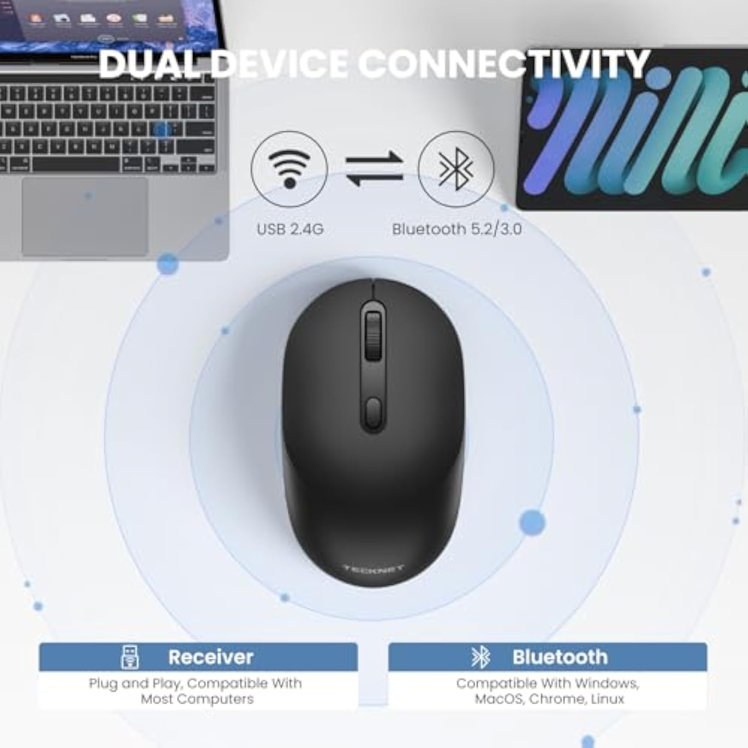 TECKNET Bluetooth Mouse, BT 5.2/3.0 and 2.4G Computer Mouse for Laptops, Small to Medium Size, Silent Click, 3-Level Adjustable DPI, 18-Month Battery, Compatible with Windows, MacOS and ChromeOS Black