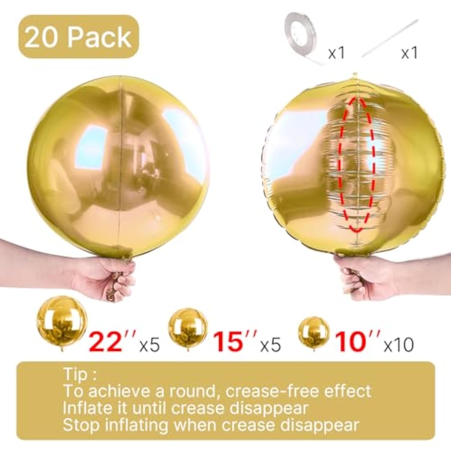 20-Pc Metallic Gold Foil Balloons, Large Round Mylar for Party Decor