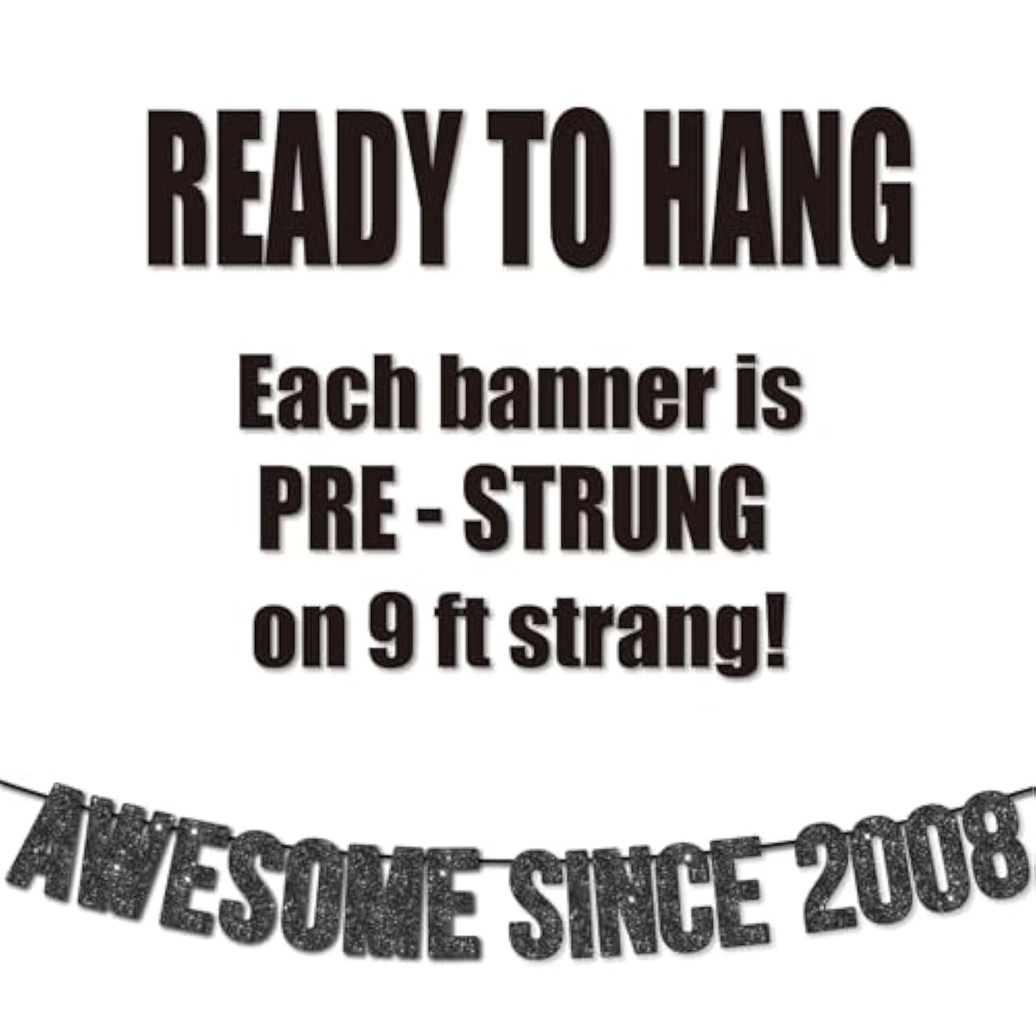 Pre-Strung Awesome Since 2008 Banner For 17Th Birthday Party Decoration,Happy 17Th Men Women Birthday Party Banner,Handmade - Black