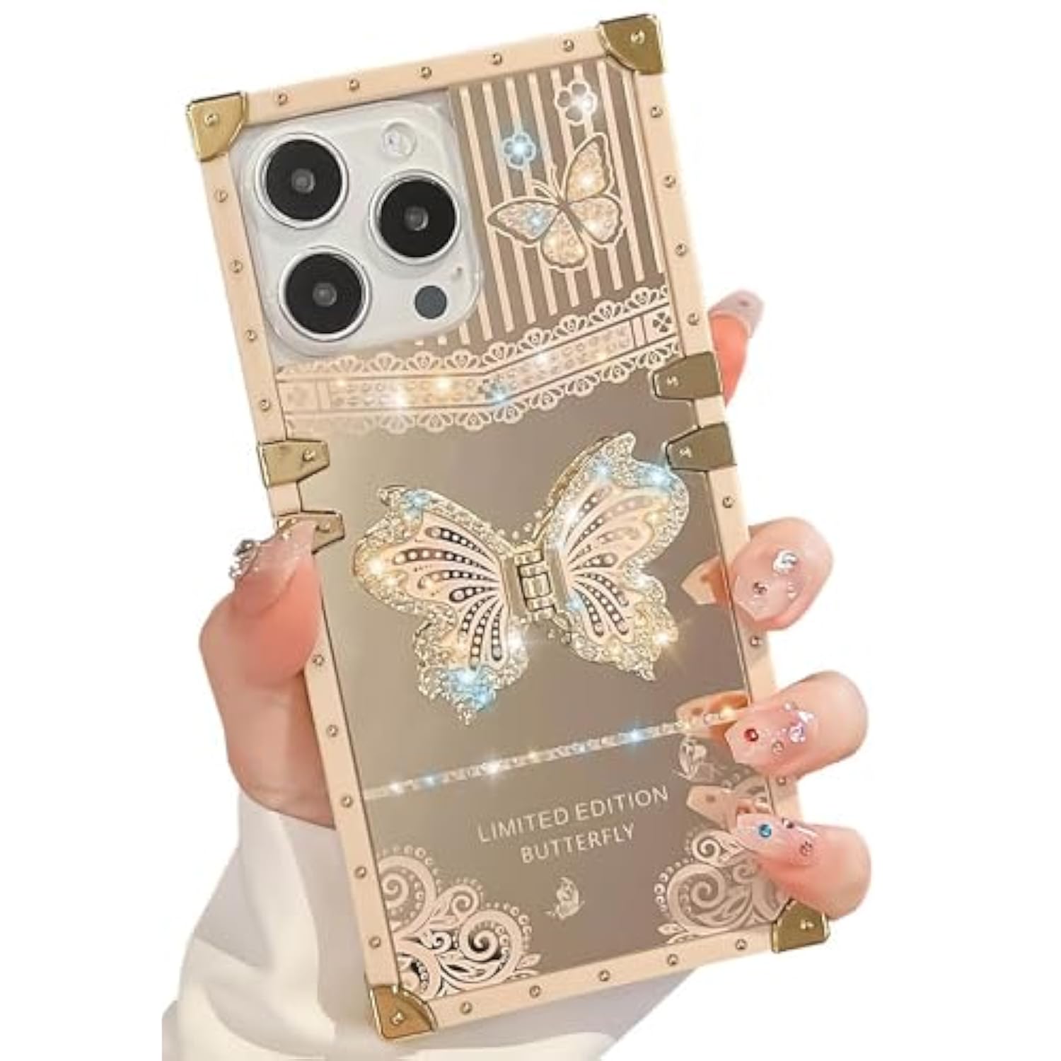 Cute Compatible With Iphone 16 Pro Max Case With Luxury Bling Glitter Butterfly Foldable Stand Kickstand,Girly Soft Pc Mirror Bumper Protective Cover For Women & Girls(Light Gold)