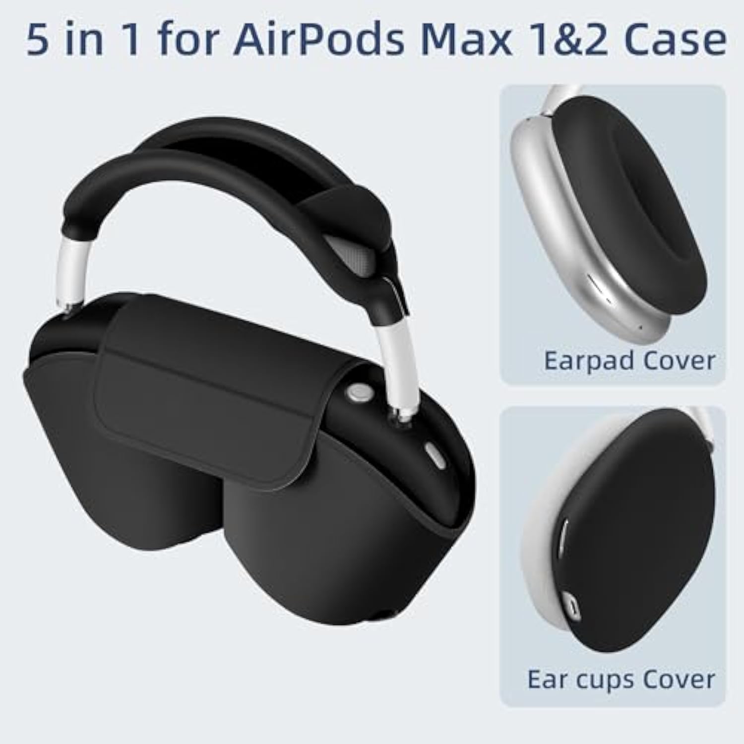 ?5 In 1? Compatible With Airpods Max 2/1 Smart Case Cover, Sleep Mode Compatible, For Apple Airpod Max Headphones Case Soft Leather & Silicone Four-Piece Set Protective Accessories Portable, Black