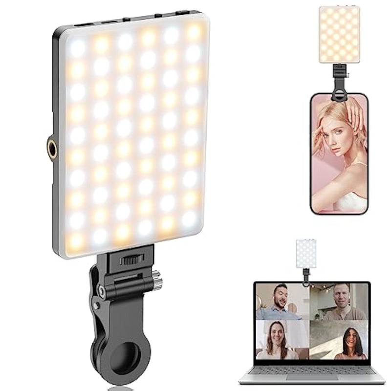 Portable Selfie Light,Rechargable 60 Led Phonelight With Clip & Double 1/4" Screw Hole,2500K-9000K Dimmable For Iphone,Android,Laptop,Tablet,Selfie/Video Conference