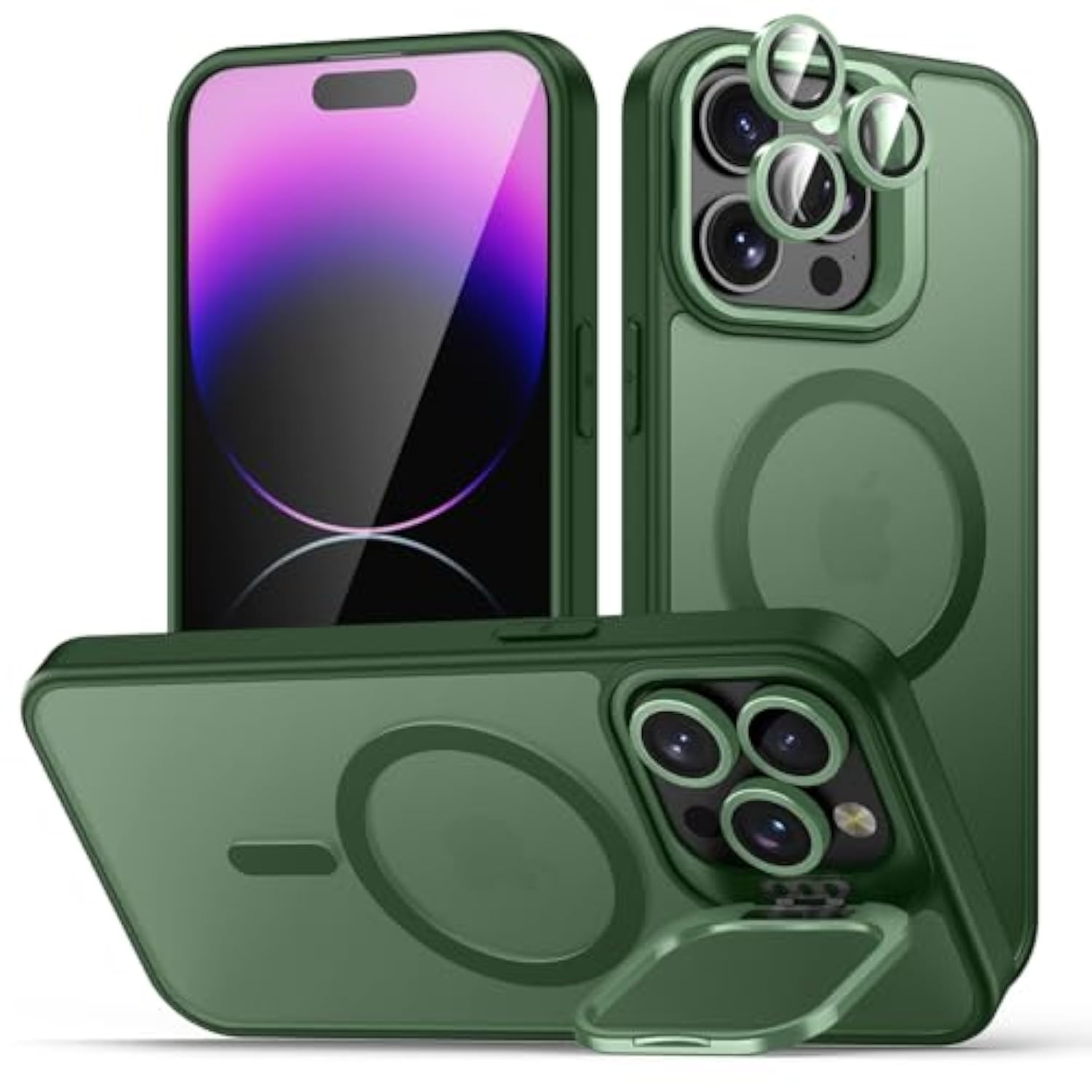 For Iphone 14 Pro Max Case, Compatible With Magsafe, Built-In Camera Ring Stand, With Individual Camera Cover, Translucent Matte Military-Grade Drop Protection Magnetic Case, Green
