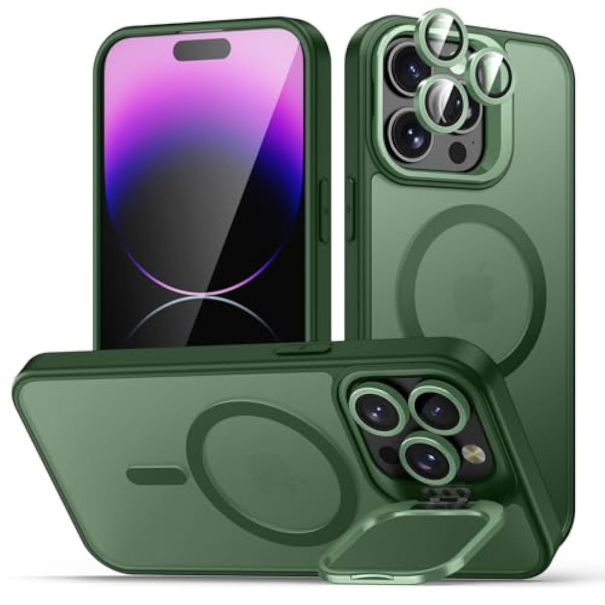 For Iphone 14 Pro Max Case, Compatible With Magsafe, Built-In Camera Ring Stand, With Individual Camera Cover, Translucent Matte Military-Grade Drop Protection Magnetic Case, Green