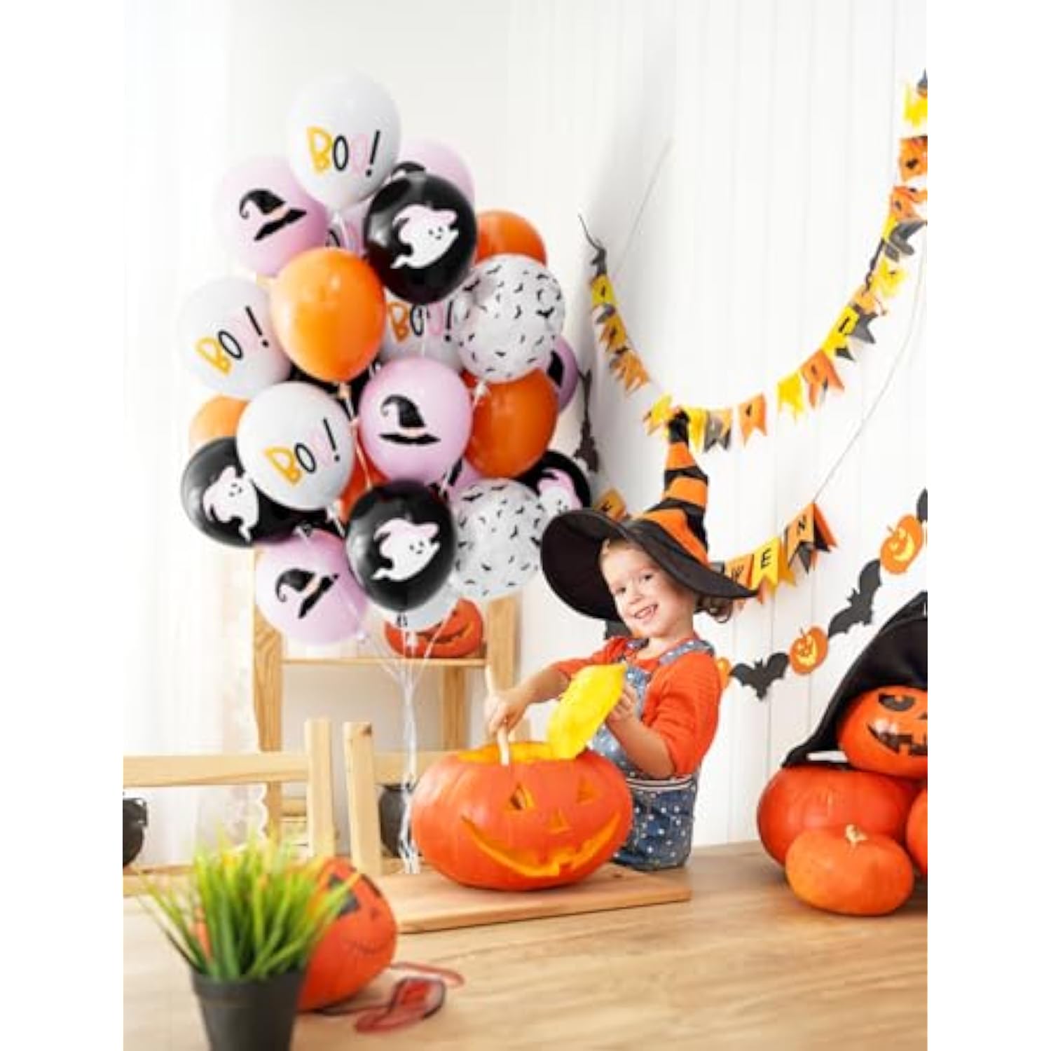 50 Pack Halloween Balloons 12 Inch Pink Black Orange White with Ghost Bat Designs