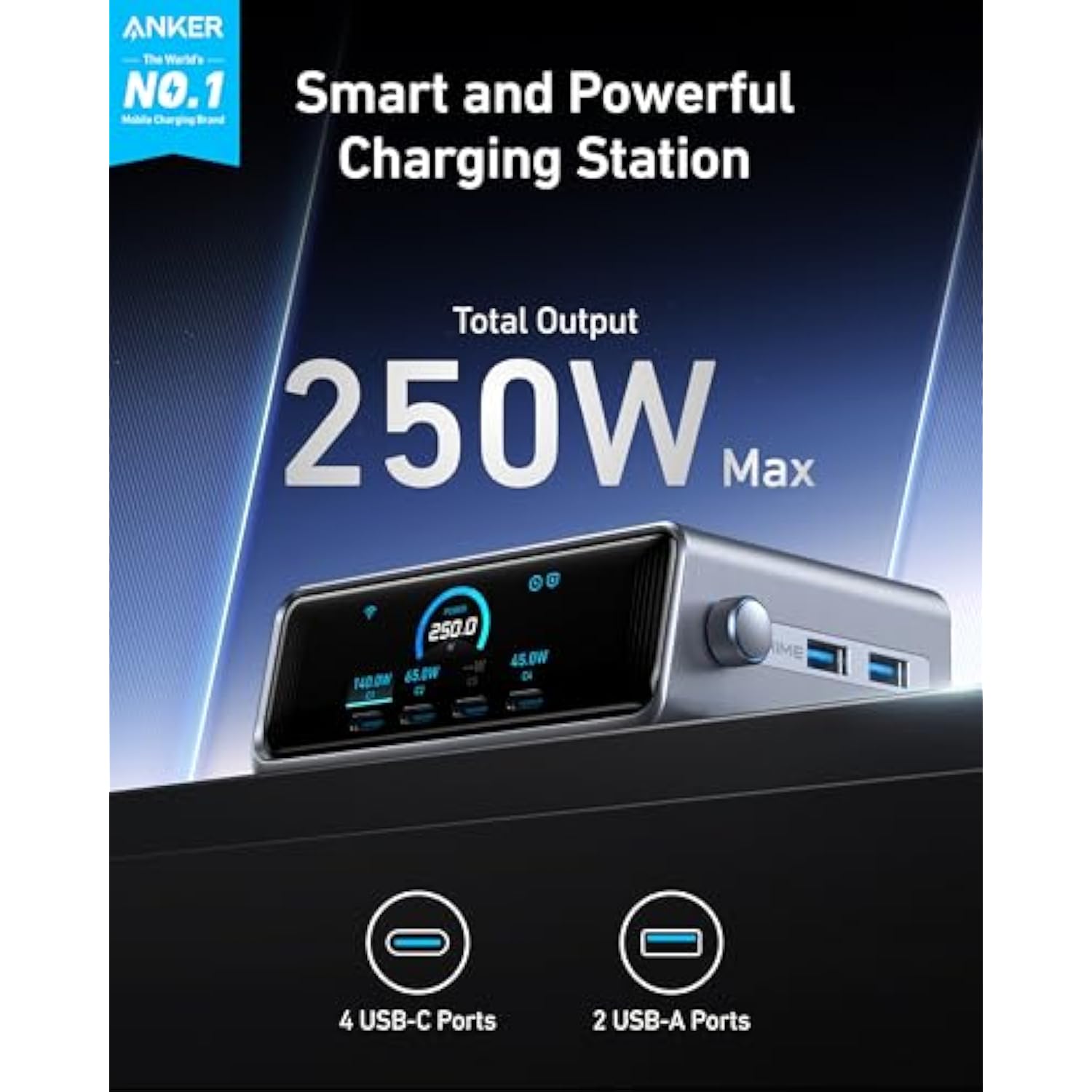 Anker Prime Charger, 250W GaN Prime USB C Charging Station, Ultra-Fast 6-Port, 2.26" LCD Display and Smart Control Dial, Compatible with MacBook Pro/Air, iPhone 16/15/14, Galaxy, and More (Silver)