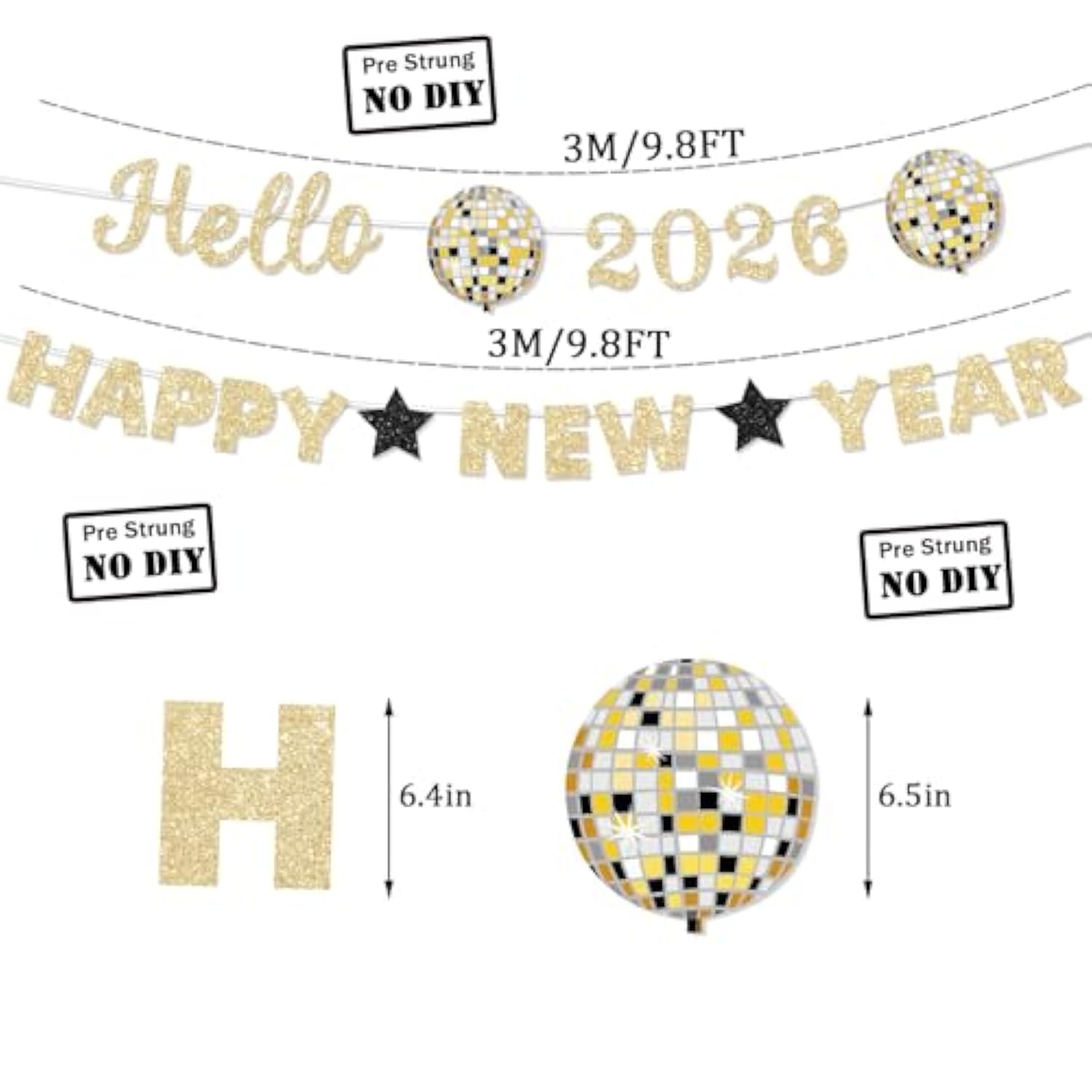 Pre-Strung Gold Glitter 2026 Happy New Year Banner for Party Decorations