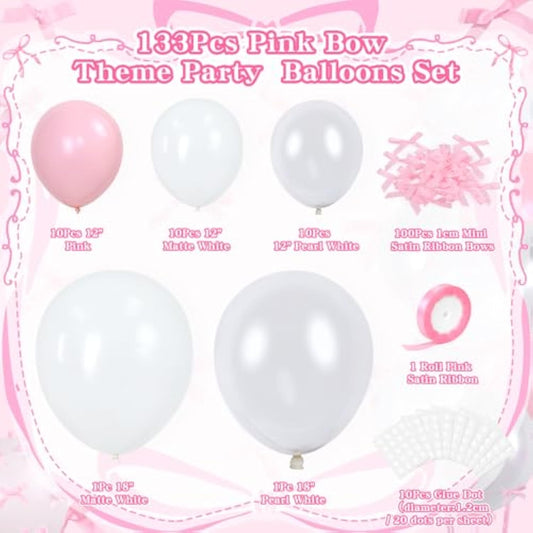 Pink Bow Balloons, 32Pcs 18" 12" Pink Balloons & 100Pcs Mini Pink Ribbon Bows, Diy Bow Balloons For Bow Birthday Baby Shower Decorations, Tying The Knot Bridal Shower Bachelorette Decor