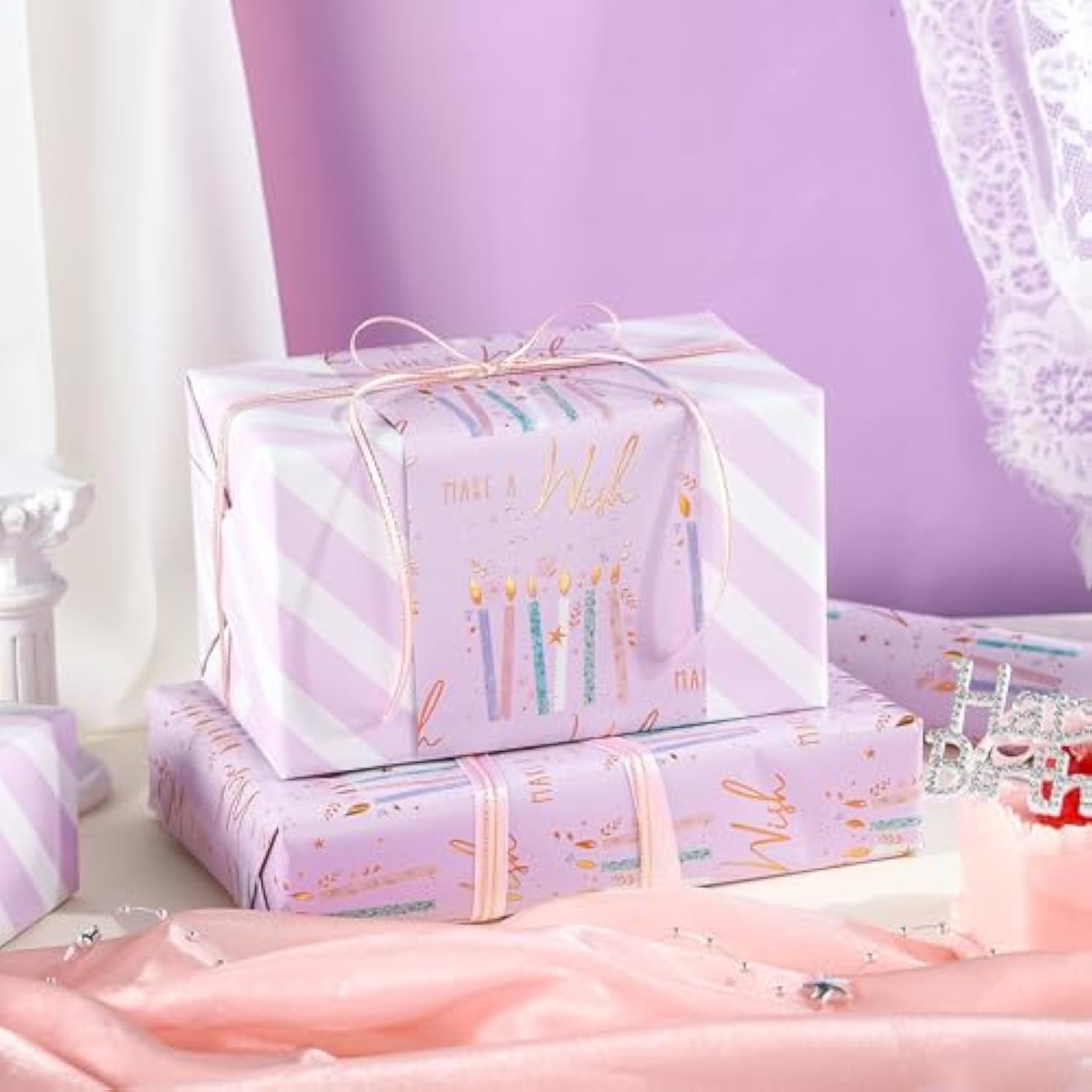 Reversible Birthday Wrapping Paper Roll - Purple Candle & White Stripe Metallic Foil Gift Wrap For Girls, Women, Party, Celebration - Mini Roll, 17 Inches X 32.8 Feet