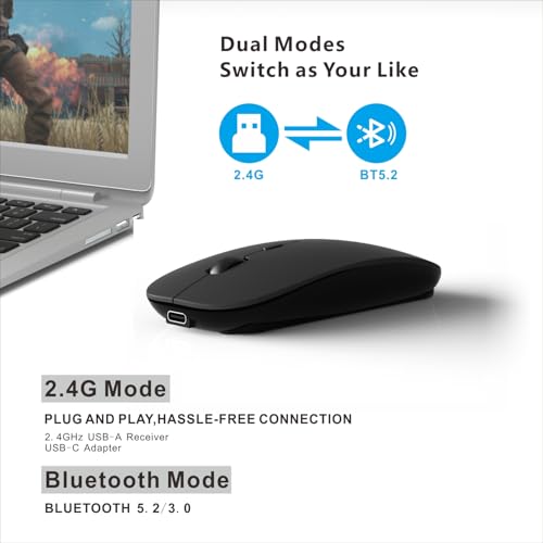 Bluetooth Wireless Rechargeable Mouse For Macbook Pro/Air/Ipad Air/Ipad Pro/Laptop/Tablet/Iphone/Pc, Bluetooth 5.2/3.0 And 2.4Ghz Dual Mode Mouse (Black)