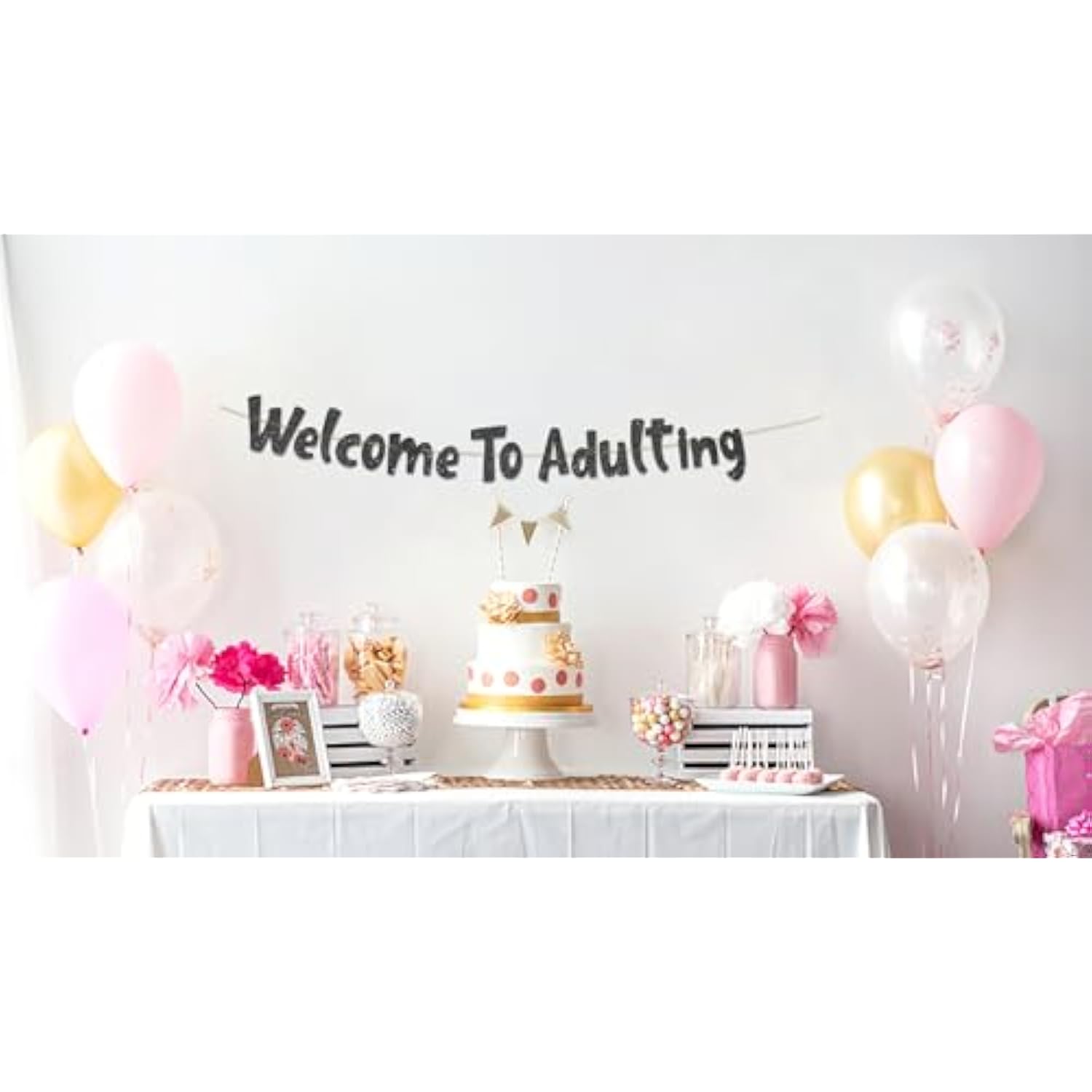 Welcome To Adulting Black Glitter Banner - 18Th And 21St Birthday Banner - Graduation Party Decorations Favors And Supplies