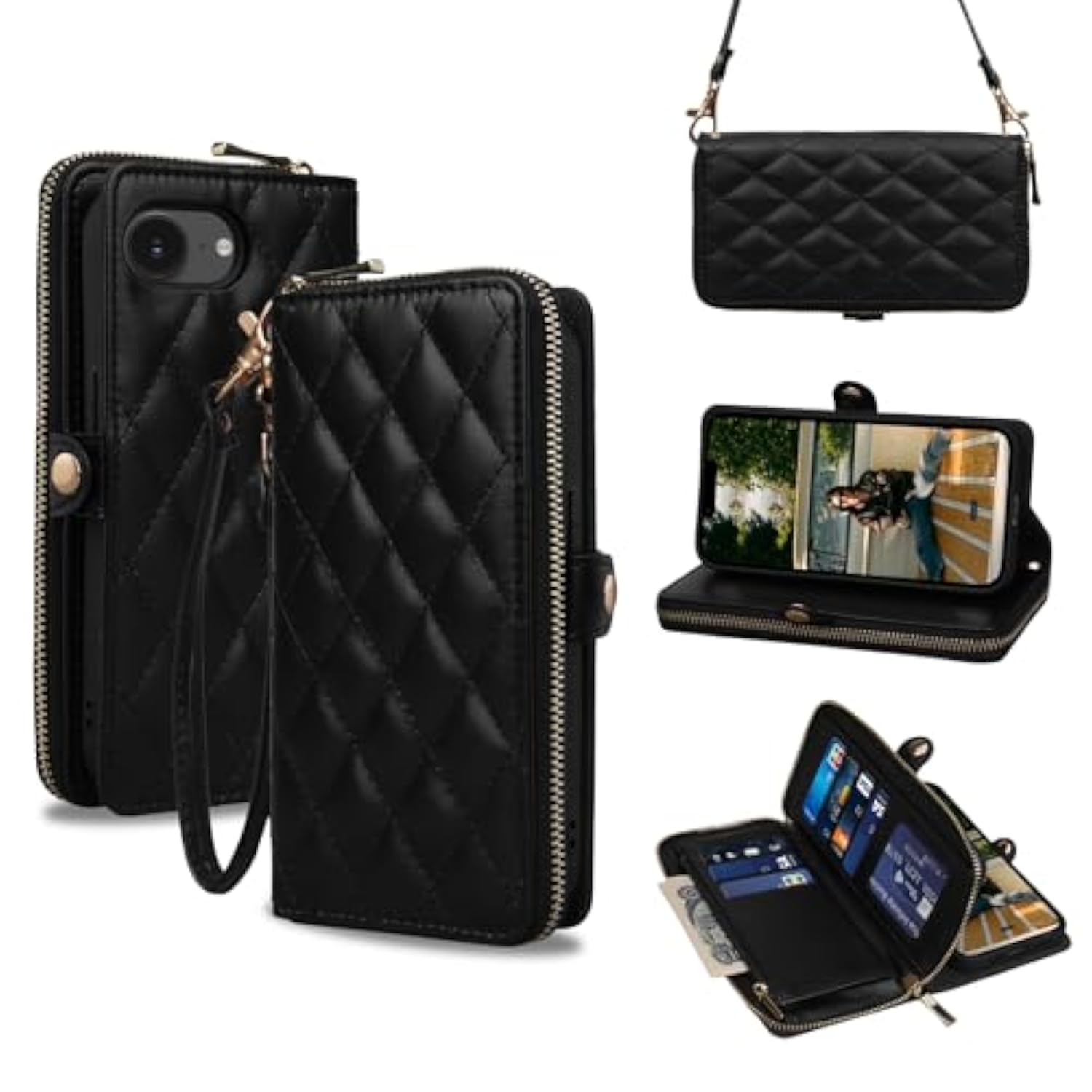 Crossbody Case For Iphone 16E 2025 Case Wallet, Rfid Blocking Leather Case With Card Holder Kickstand, Handbag Zipper Flip Cover With Wrist Strap For Iphone 16E Men Women 6.1", Black