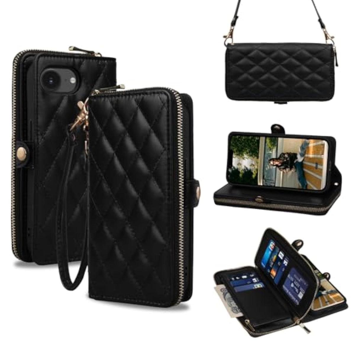 Crossbody Case For Iphone 16E 2025 Case Wallet, Rfid Blocking Leather Case With Card Holder Kickstand, Handbag Zipper Flip Cover With Wrist Strap For Iphone 16E Men Women 6.1", Black