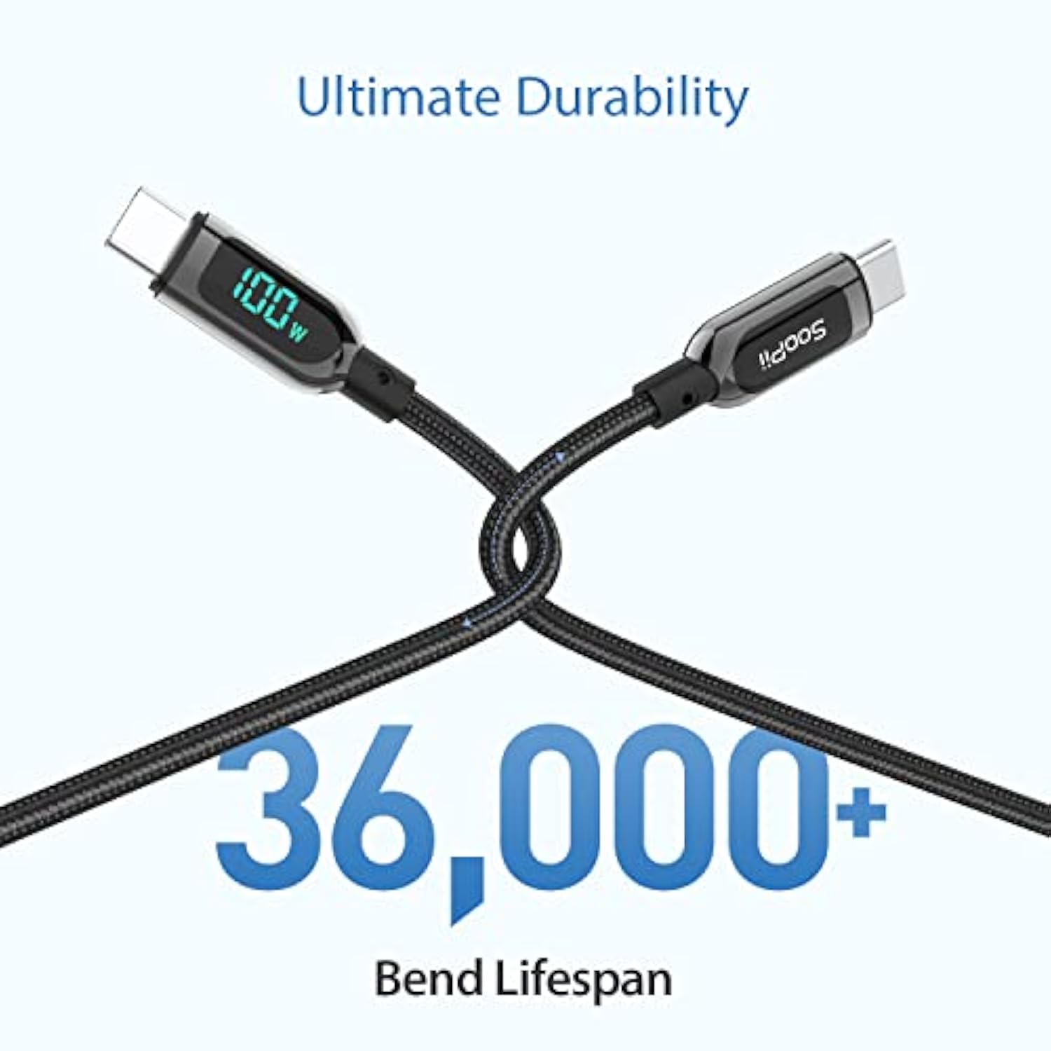 100W 1Ft Usb C To Usb C Cable Fast Charge, Nylon Braided Cable With Led Displa
