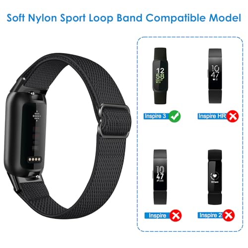 Elastic Bands Compatible with Fitbit Inspire 3, Adjustable Stretchy Nylon Loop Band Breathable Replacement Strap Accessory Wristband, Black
