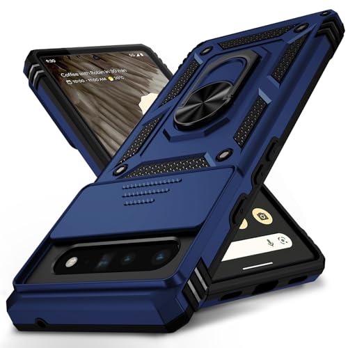 for Google Pixel 6 Pro Case with Slide Lens Cover, Military Grade Drop Protection, Magnetic Rotated Ring Holder Kickstand Protective Phone Case (Navy