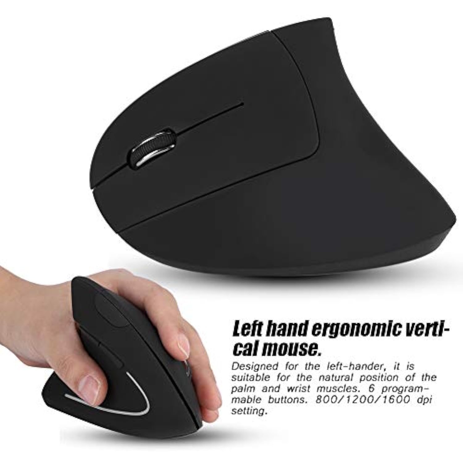 2.4Ghz Mouse,Ergonomic Left Handed Vertical Mouse,6 Keys Optical Mouse With Nano Usb Receiver,800/1200/1600 Adjustable Dpis,For Laptop Pc Computer/For Windows/For Linux