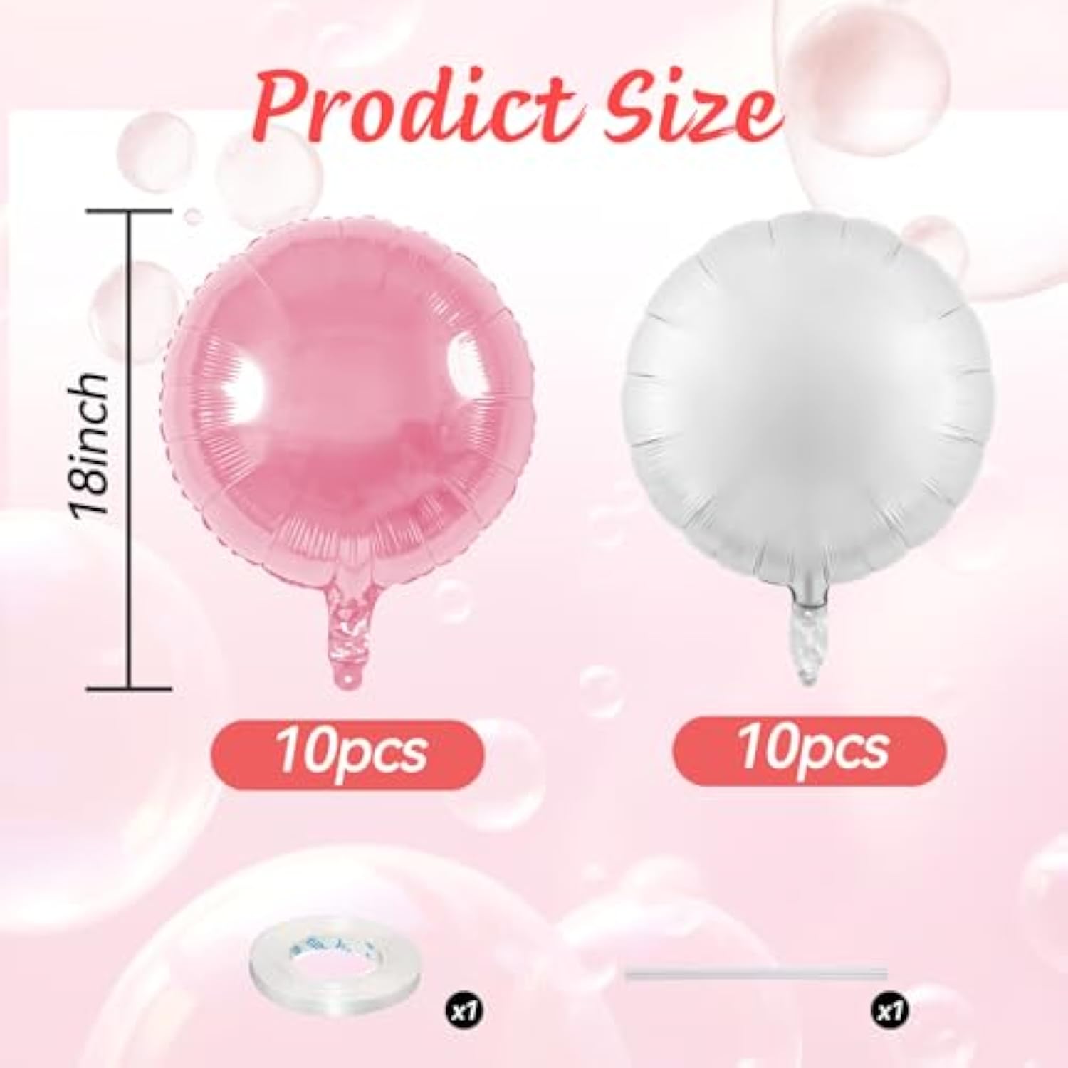 20Pcs 18 Inch Round Foil Balloon, Pink White Round Shaped Balloons, Round Aluminum Foil Helium Balloons For Birthday Party Wedding Bachelorette Anniversary Baby Shower Celebration Decoration