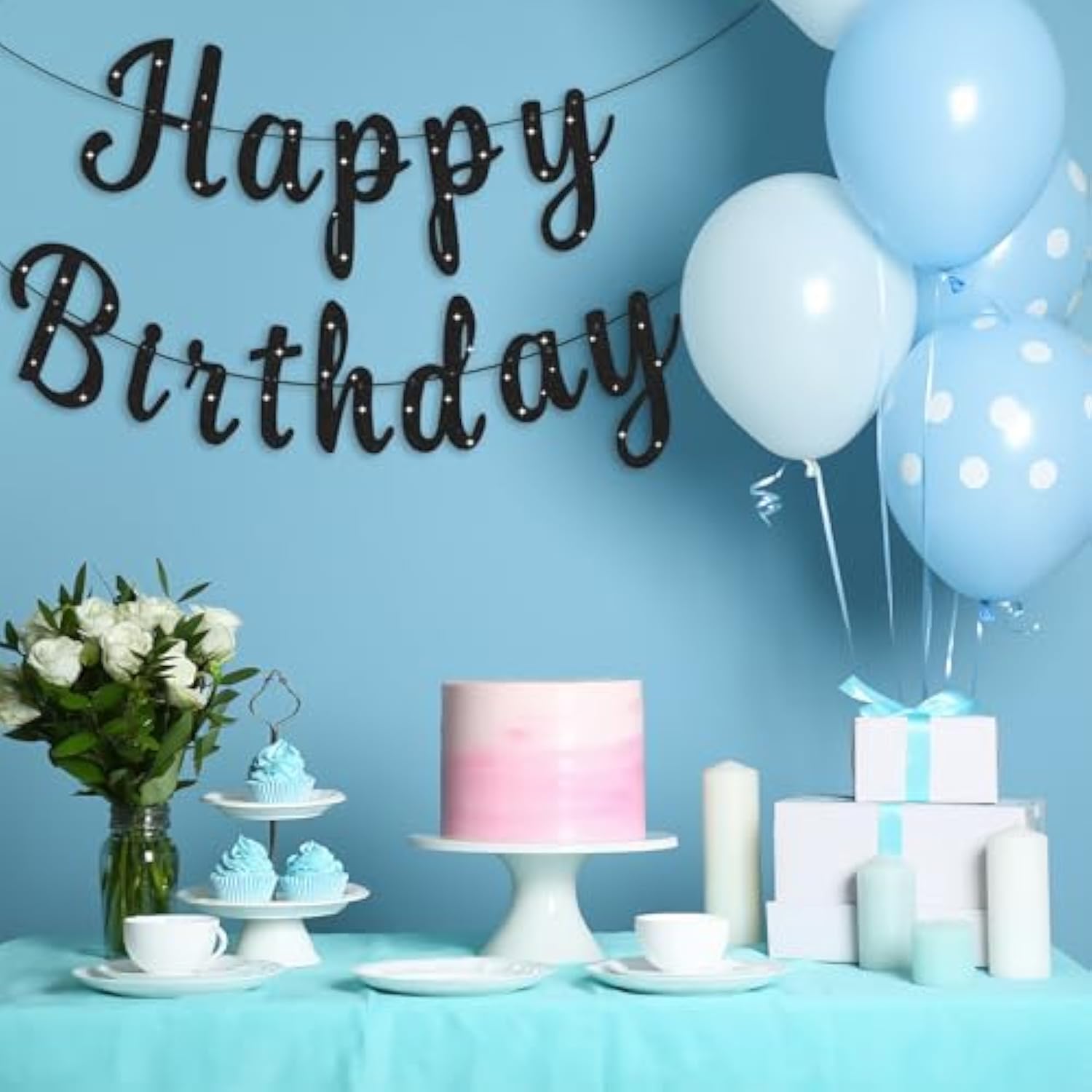 Black Glitter Happy Birthday Banner Signs Party Decorations for Women & Men