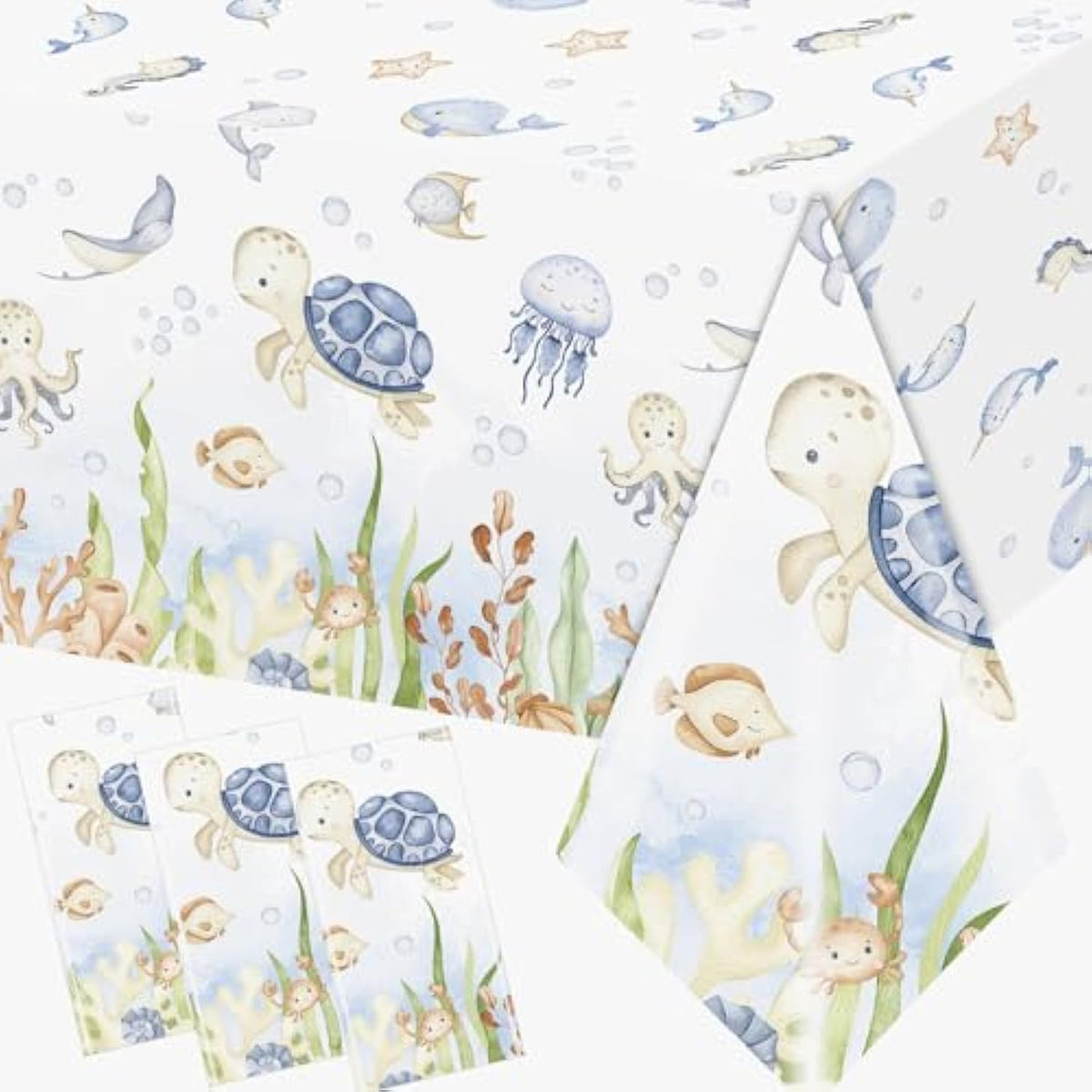 3Pcs Ocean Tablecloth Decoration Under The Sea Theme Party Supplies Sea Turtles Disposable Plastic Table Covers Underwater Sea Life Table Cloth For Ocean Baby Shower Birthday