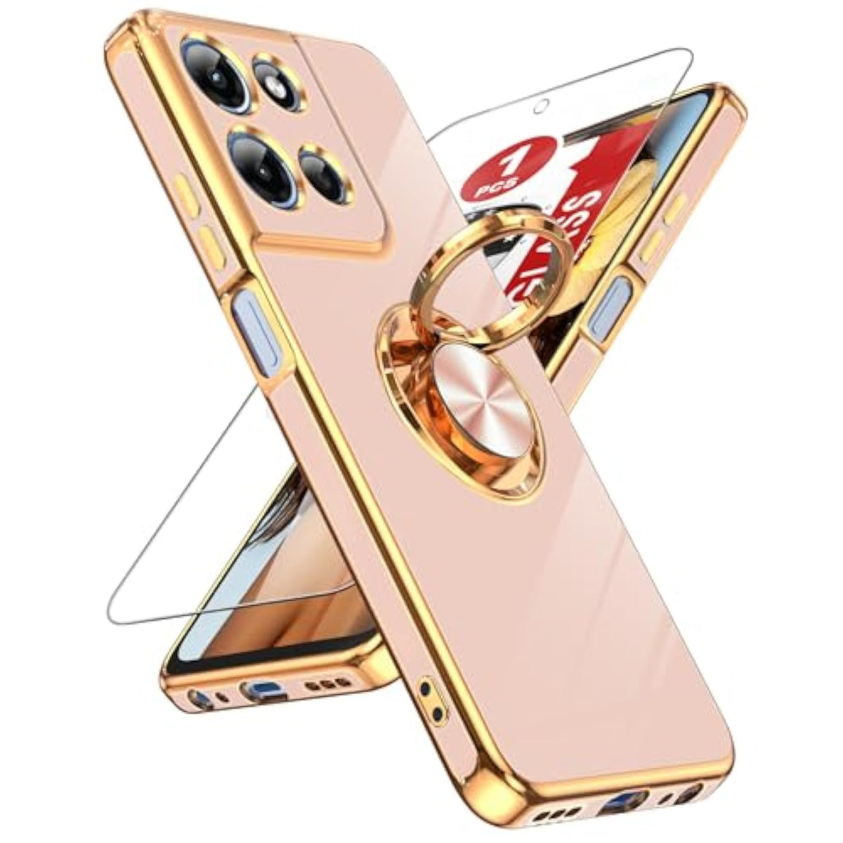 For Moto-G-5G-2025 Case: ??????? ?????? ?? ?????????? ????????? 1 Pack Tempered Glass Screen Protector And 360° Rotatable Ring Holder Magnetic Kickstand, Plating Rose Gold Edge Case, Pink