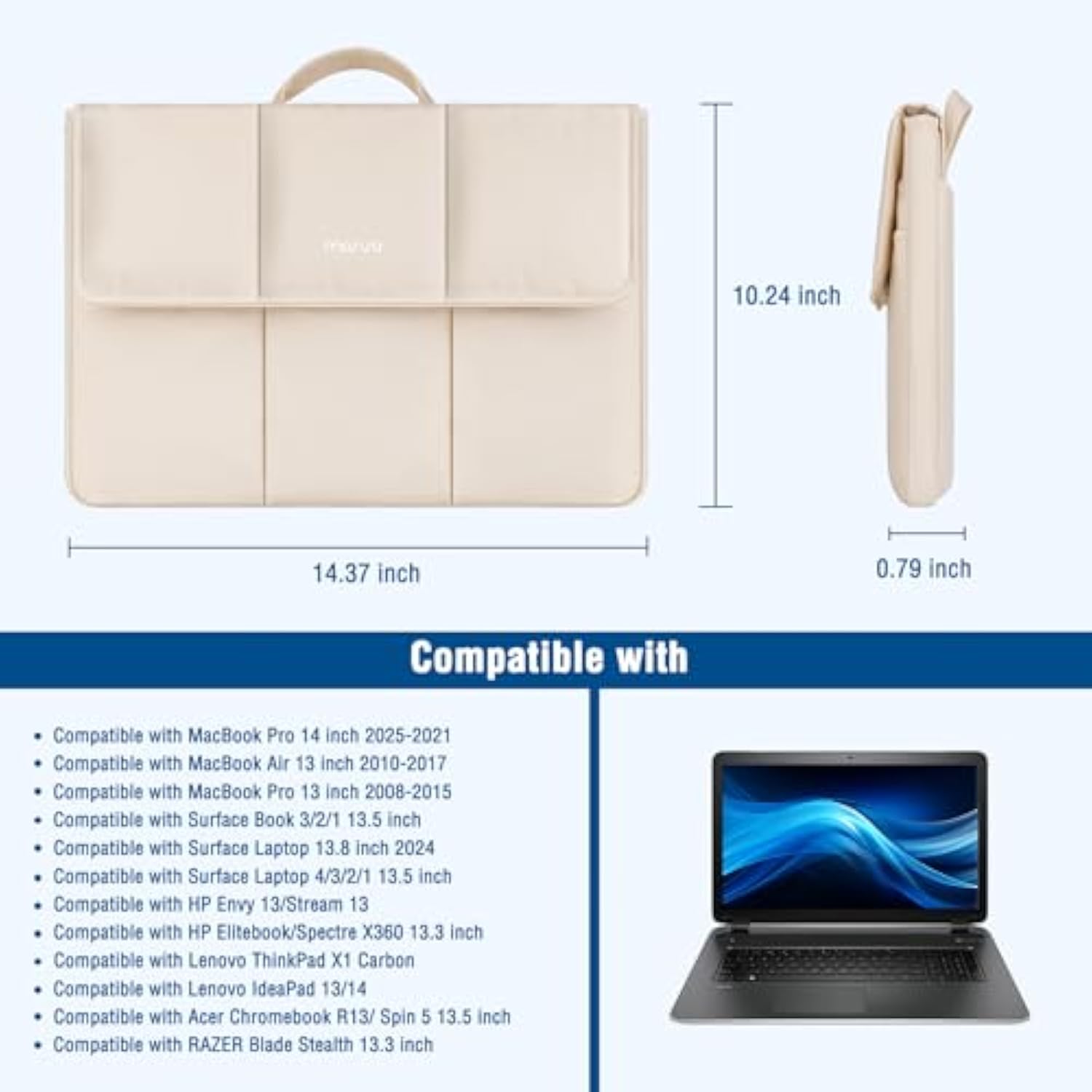 MOSISO 13-14 inch Laptop Case, 13.3 inch Puffy Laptop Sleeve Compatible with MacBook Air 13 13.6/Pro 13/Pro 14, HP Dell Lenovo, Vertical Rectangle Quilted Flap Computer Bag with Handle&Pockets, Sand