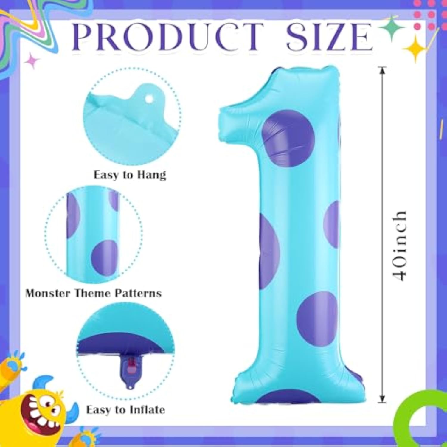Monster Number 1 Balloons 40 Inch Monster Theme Birthday Party Decorations Large Foil Balloons For Girls Boys Birthday Baby Shower Party Backdrop Celebration Supplies